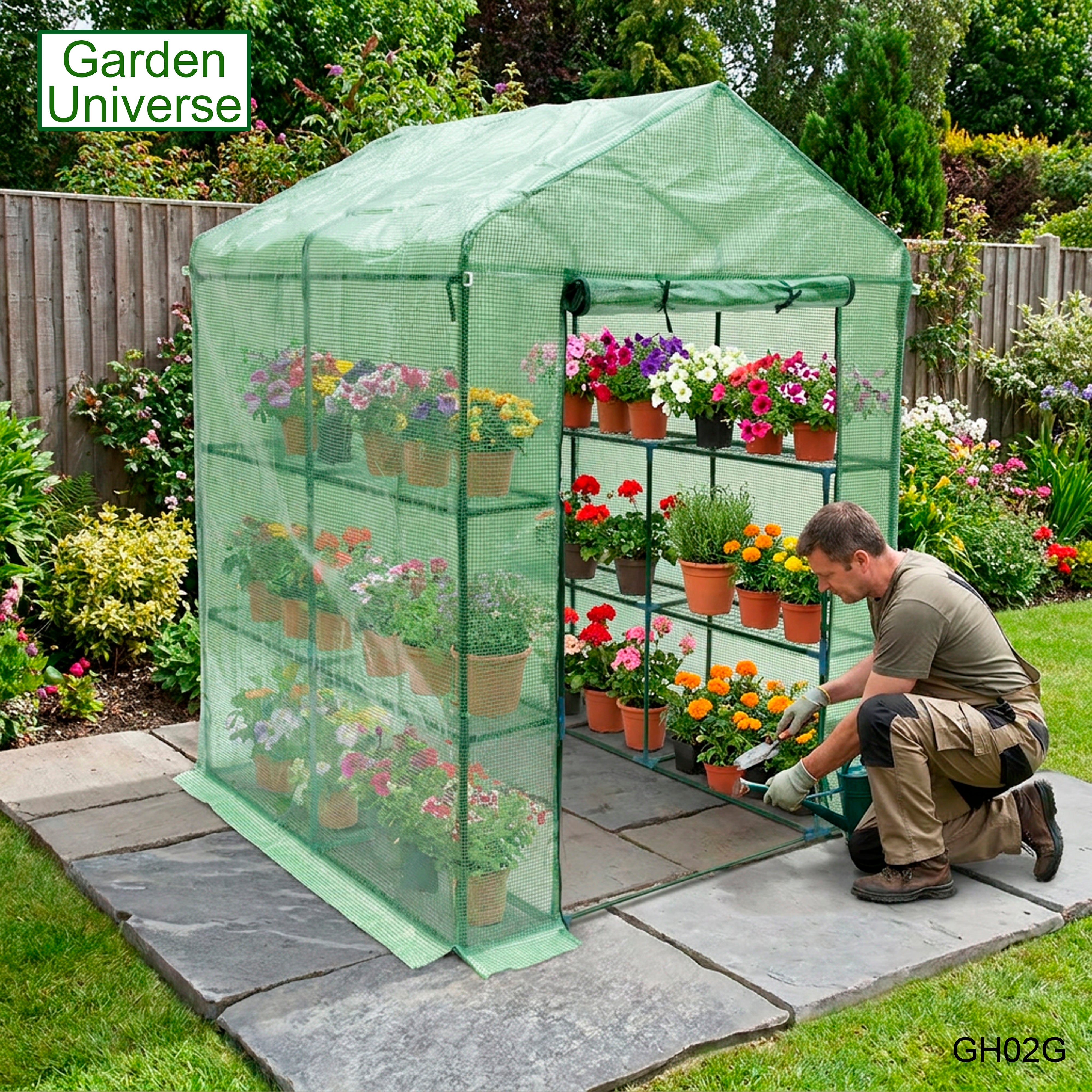 Greenhouse Walk-In Green PVC Cover 8 Shelves 1.4m x 1.4m with Roll Up Door GH02G