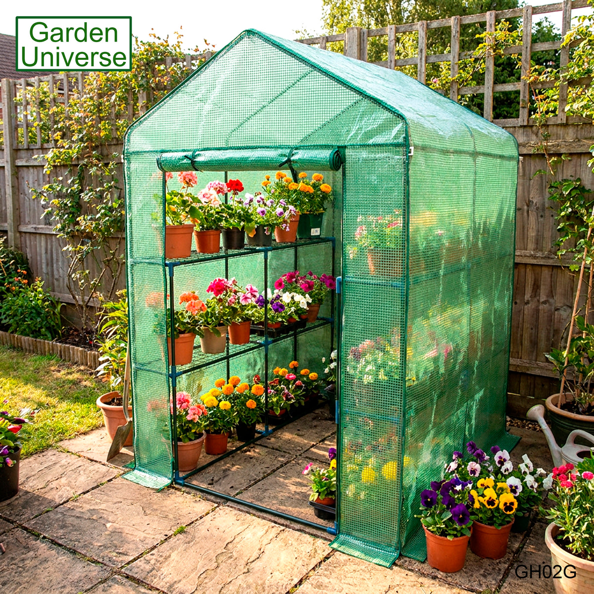 Greenhouse Walk-In Green PVC Cover 8 Shelves 1.4m x 1.4m with Roll Up Door GH02G