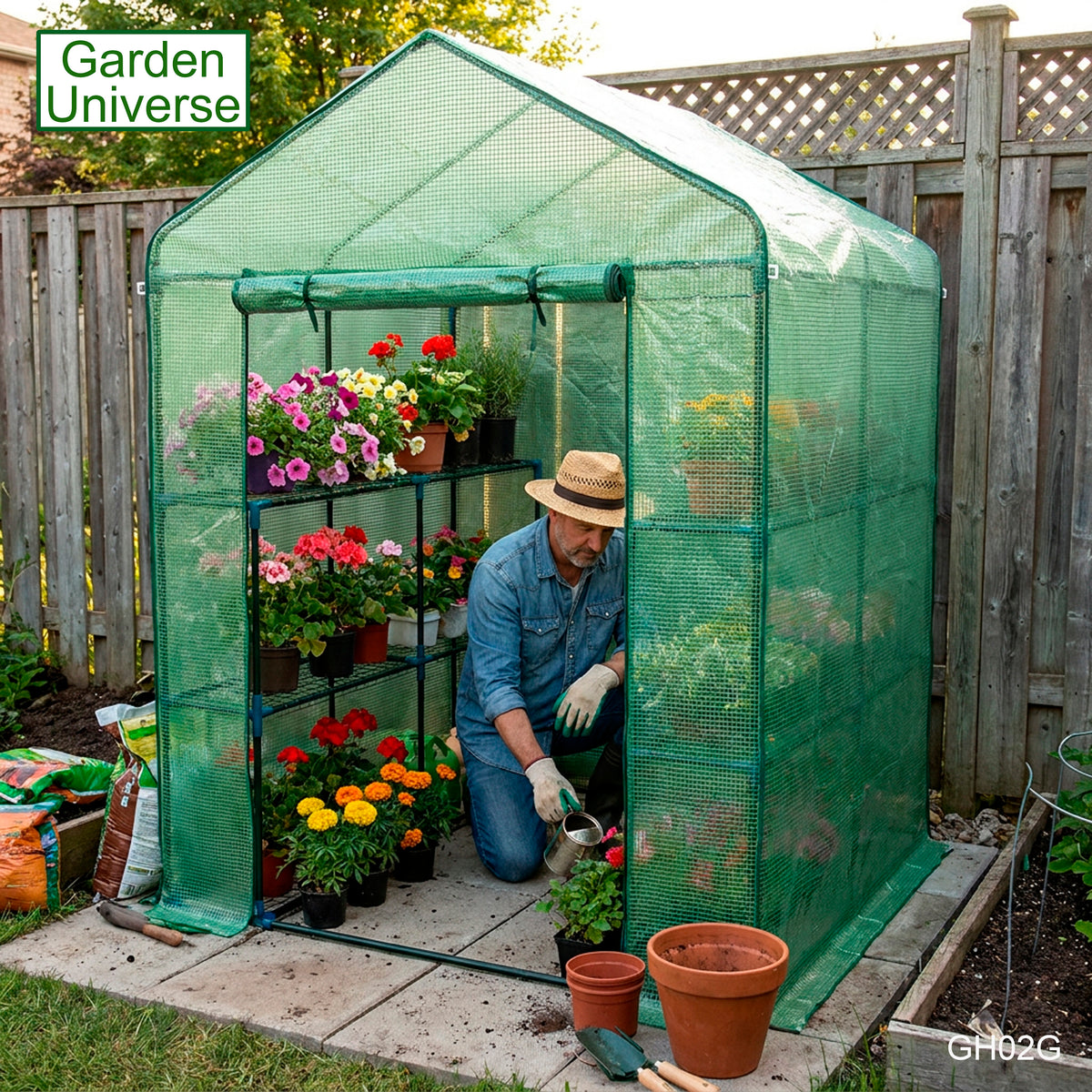 Greenhouse Walk-In Green PVC Cover 8 Shelves 1.4m x 1.4m with Roll Up Door GH02G