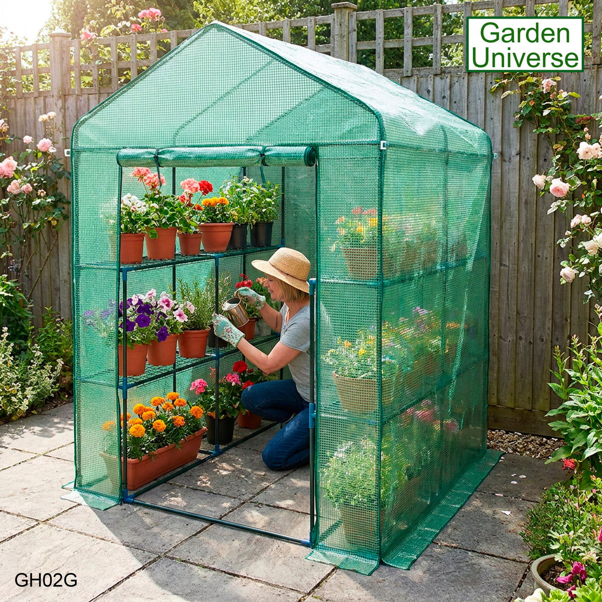 Greenhouse Walk-In Green PVC Cover 8 Shelves 1.4m x 1.4m with Roll Up Door GH02G
