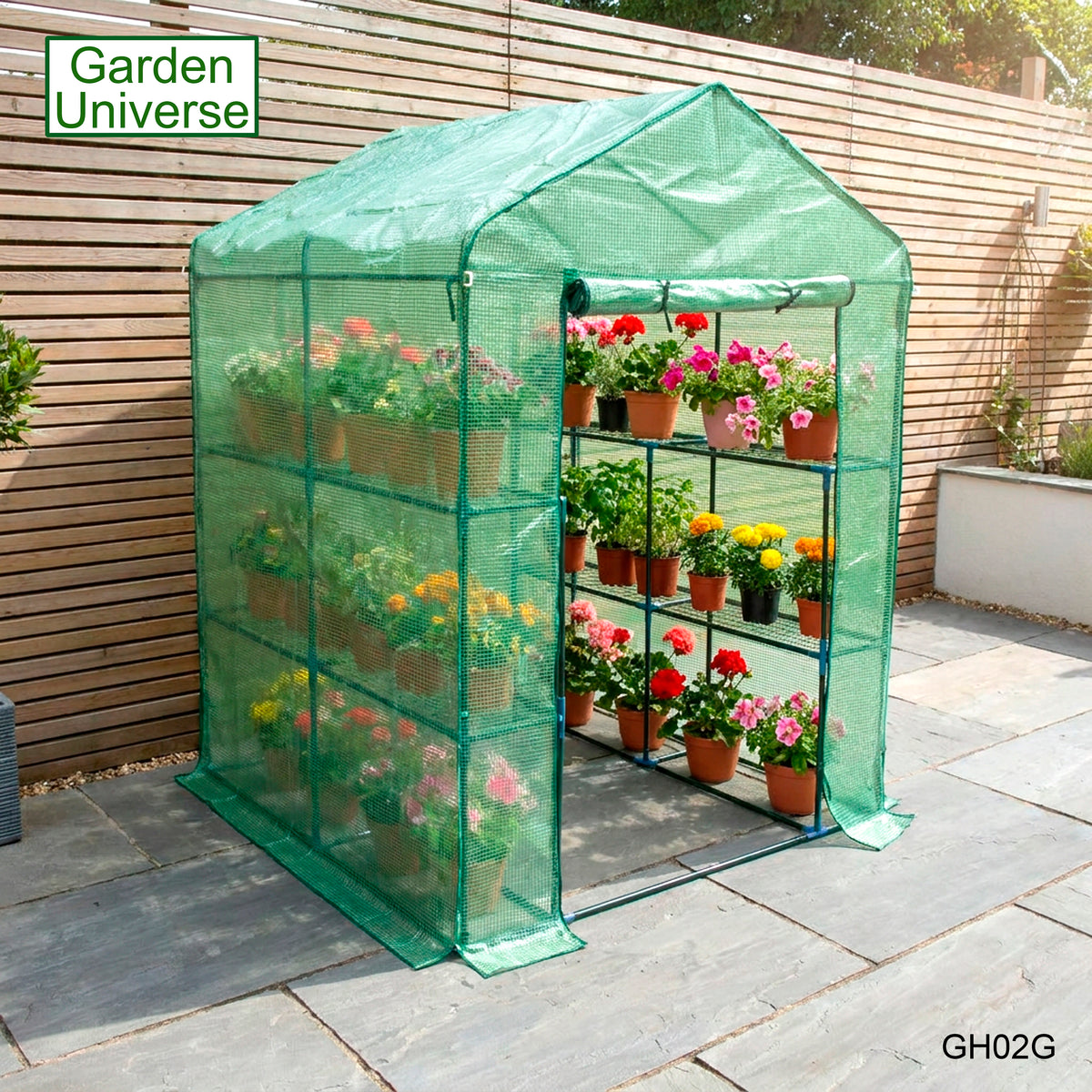 Greenhouse Walk-In Green PVC Cover 8 Shelves 1.4m x 1.4m with Roll Up Door GH02G