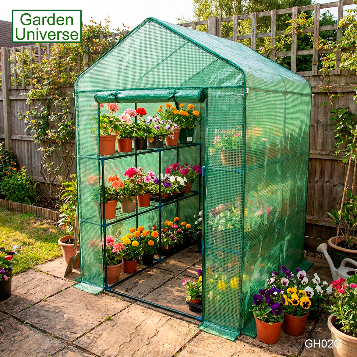 Greenhouse Walk-In Green PVC Cover 8 Shelves 1.4m x 1.4m with Roll Up Door GH02G