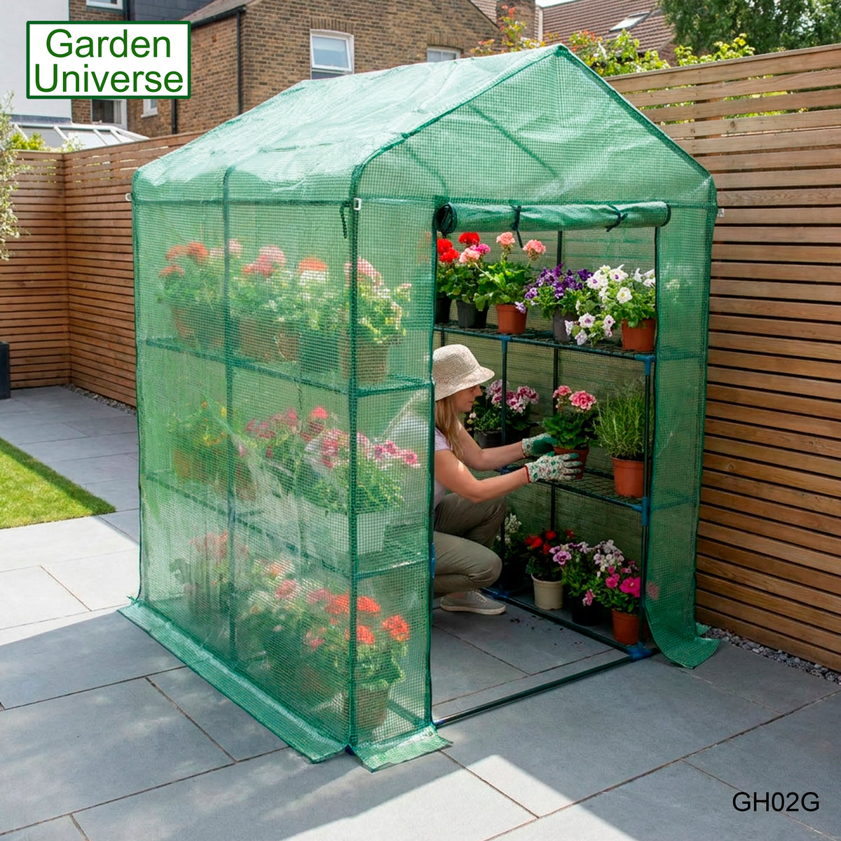 Greenhouse Walk-In Green PVC Cover 8 Shelves 1.4m x 1.4m with Roll Up Door GH02G