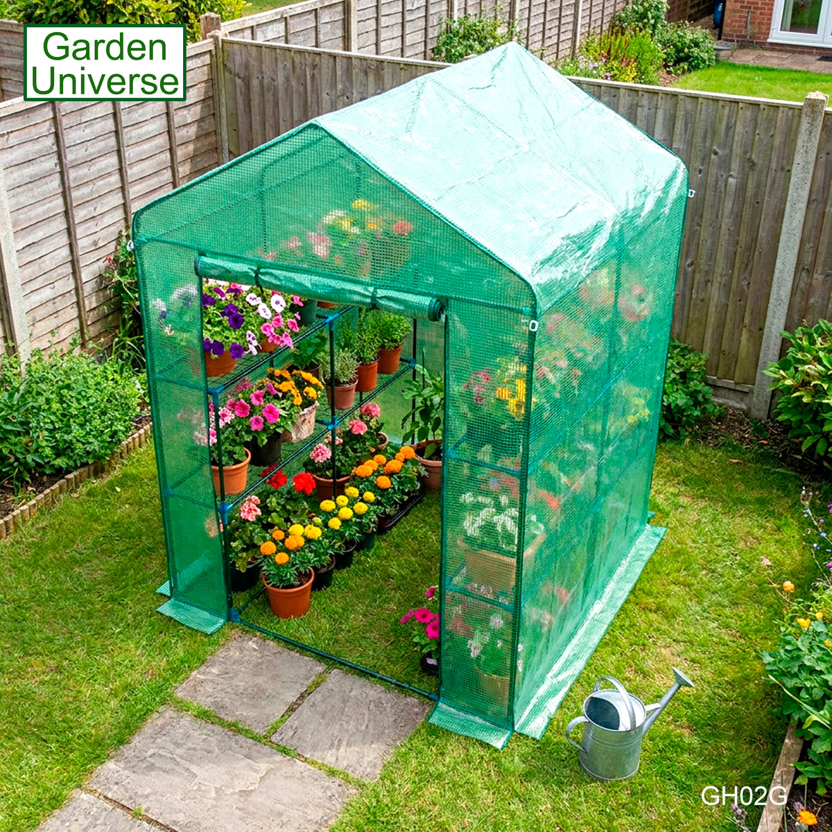 Greenhouse Walk-In Green PVC Cover 8 Shelves 1.4m x 1.4m with Roll Up Door GH02G