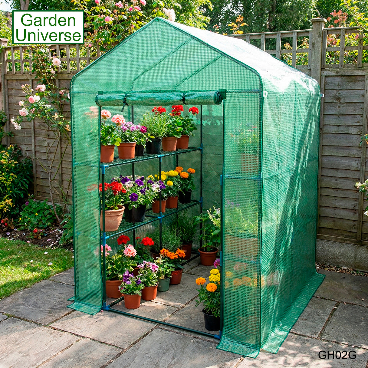 Greenhouse Walk-In Green PVC Cover 8 Shelves 1.4m x 1.4m with Roll Up Door GH02G