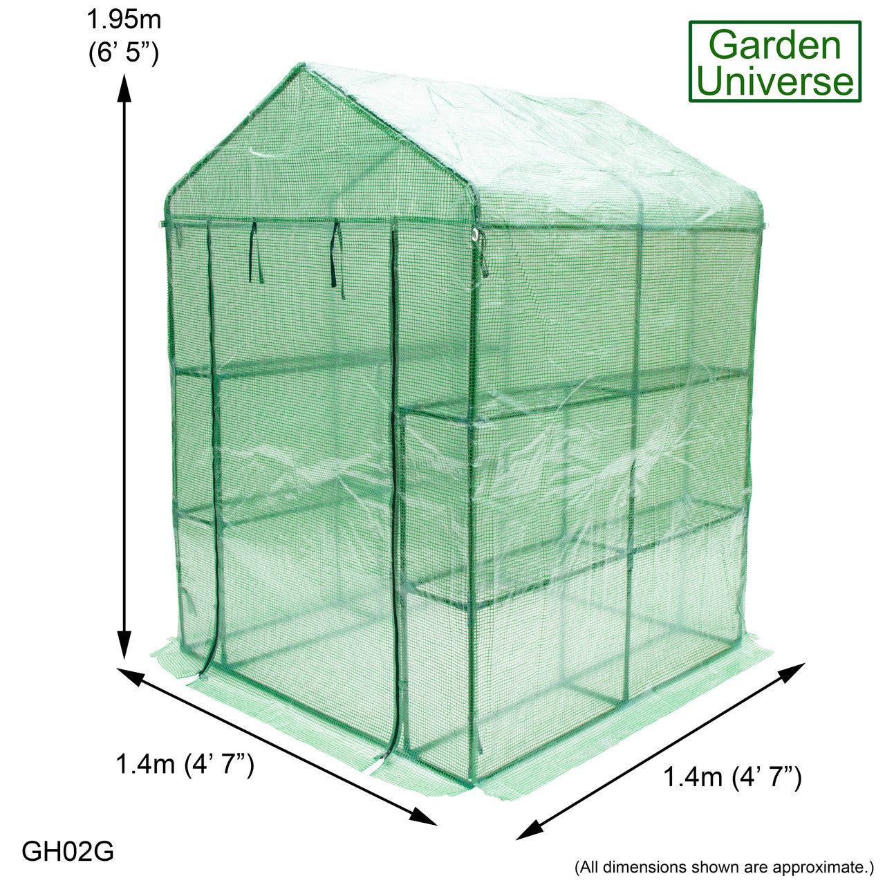 Greenhouse Walk-In Green PVC Cover 8 Shelves 1.4m x 1.4m with Roll Up Door GH02G