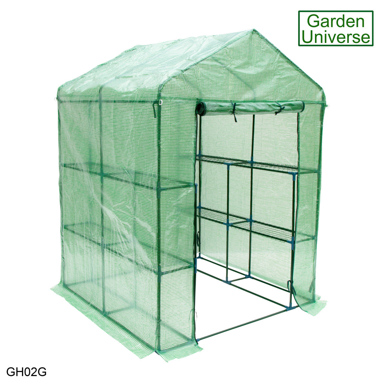 Greenhouse Walk-In Green PVC Cover 8 Shelves 1.4m x 1.4m with Roll Up Door GH02G