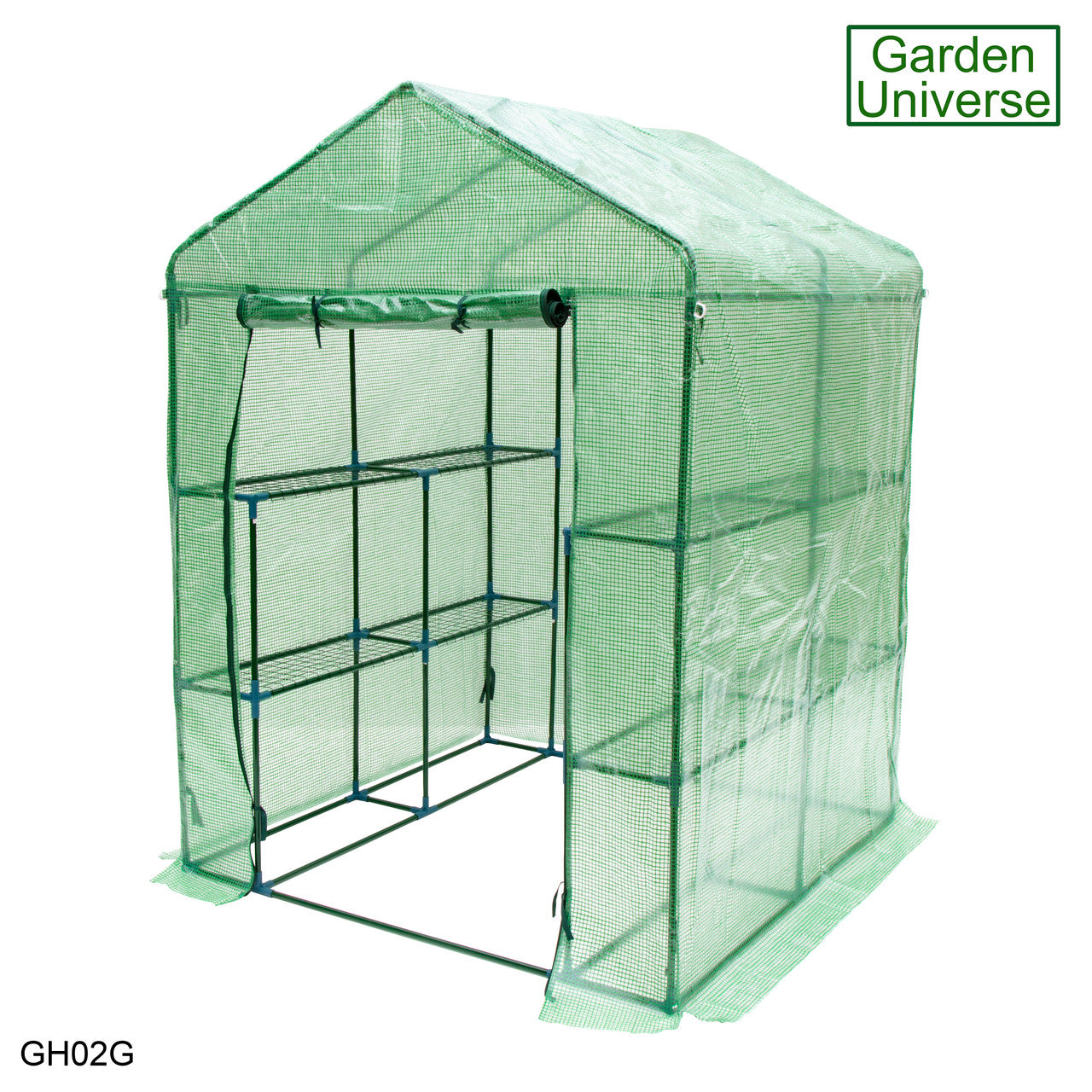 Greenhouse Walk-In Green PVC Cover 8 Shelves 1.4m x 1.4m with Roll Up Door GH02G