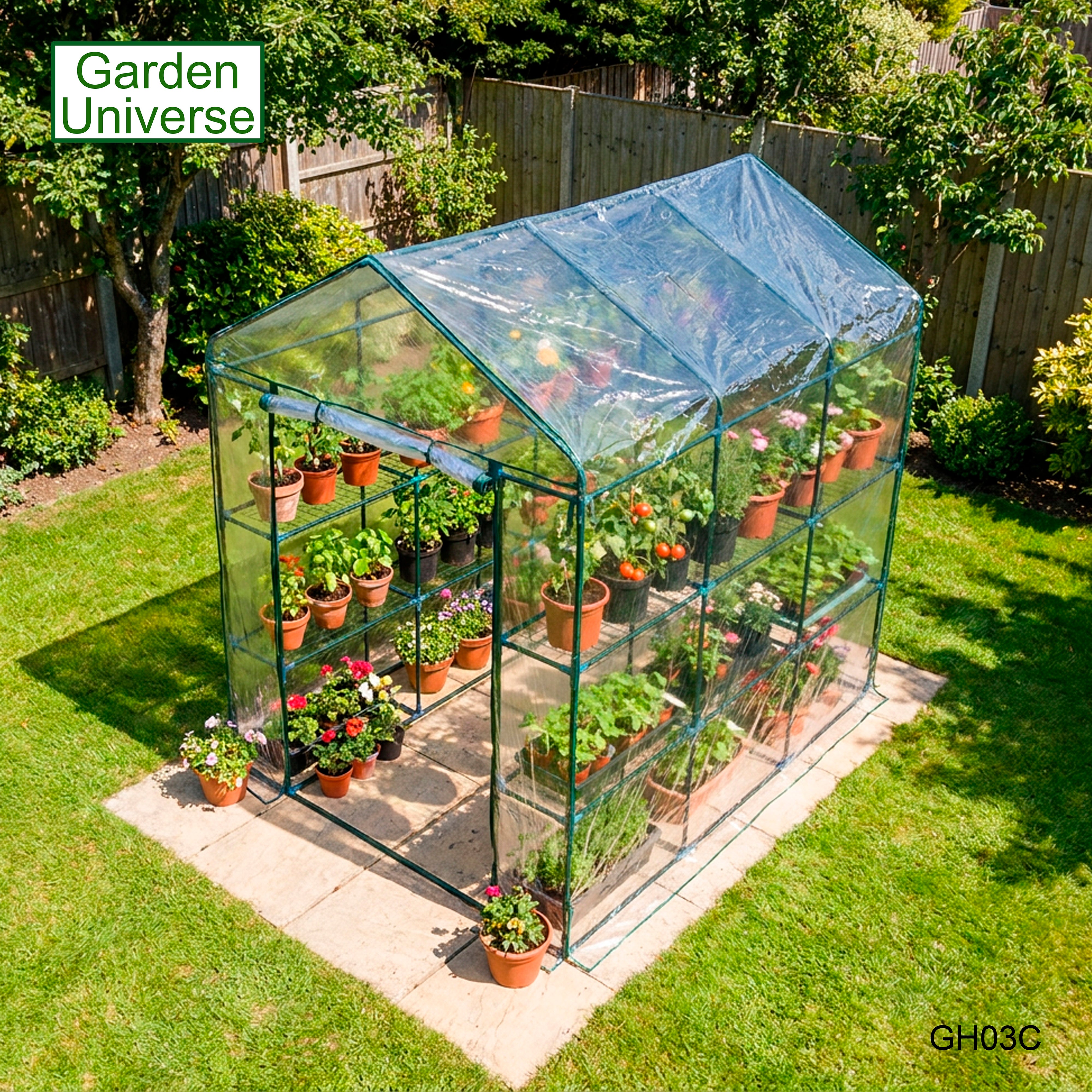 Greenhouse Walk-In Clear PVC Cover 12 Shelves 1.4m x 2.14m with Roll Up Door GH03C