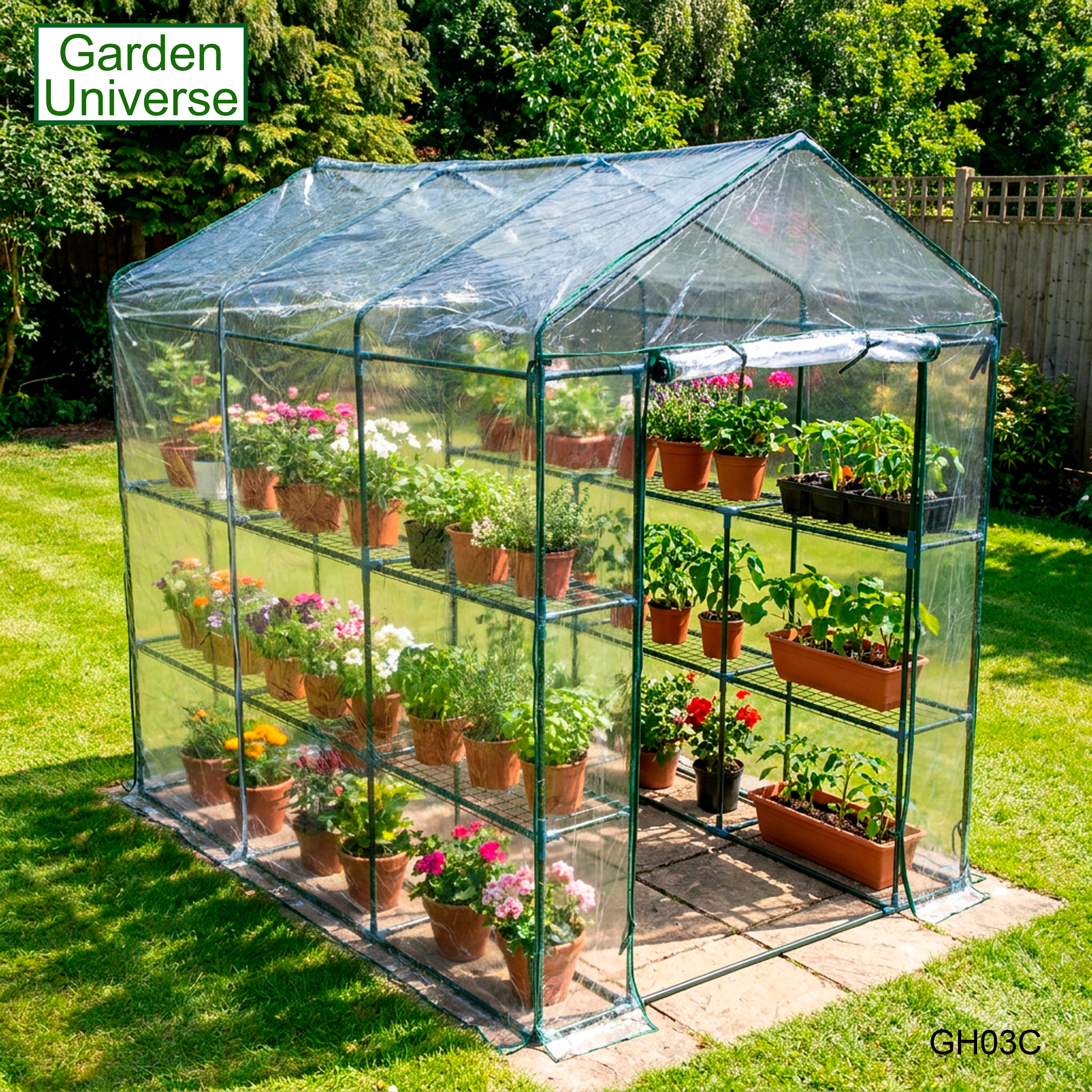 Greenhouse Walk-In Clear PVC Cover 12 Shelves 1.4m x 2.14m with Roll Up Door GH03C