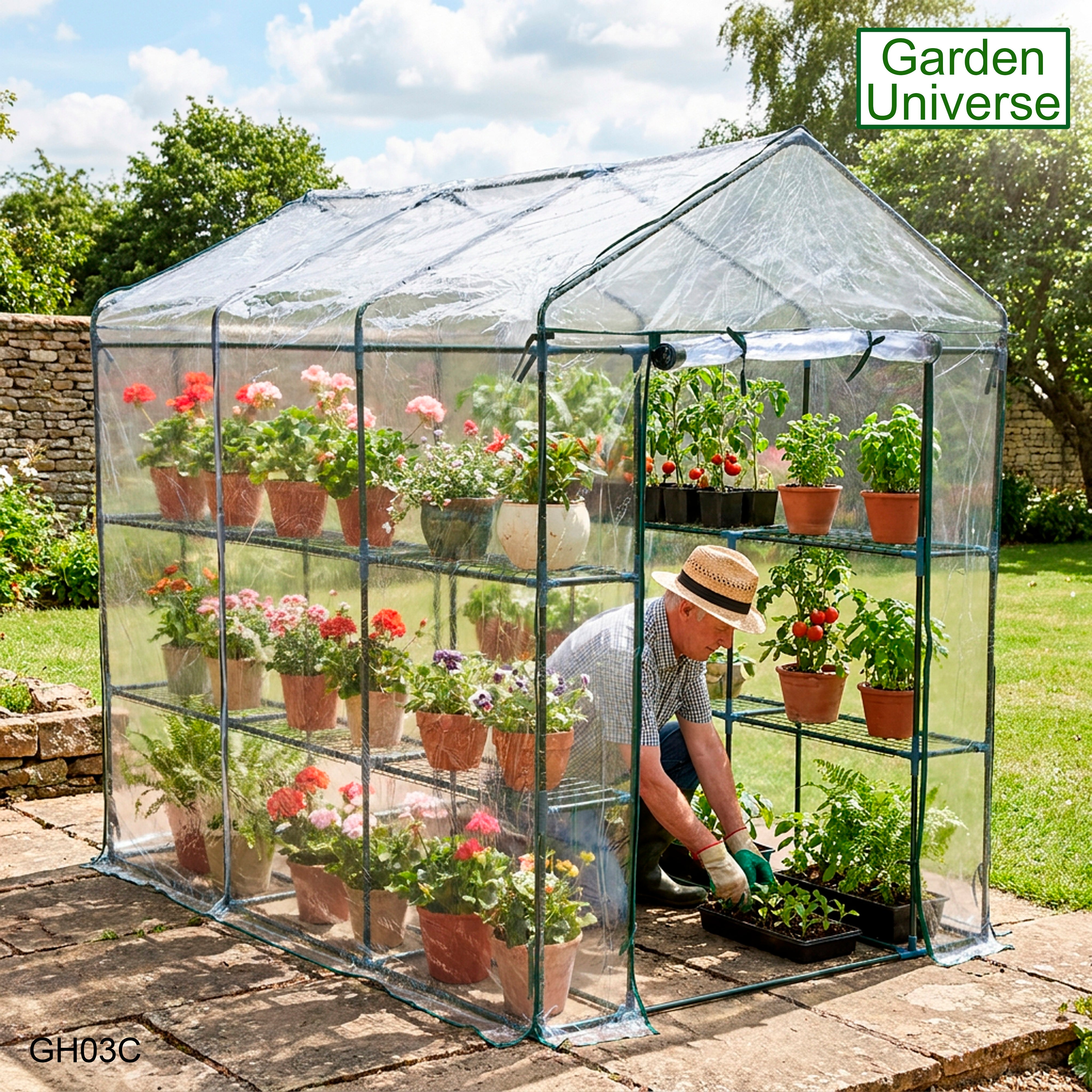 Greenhouse Walk-In Clear PVC Cover 12 Shelves 1.4m x 2.14m with Roll Up Door GH03C