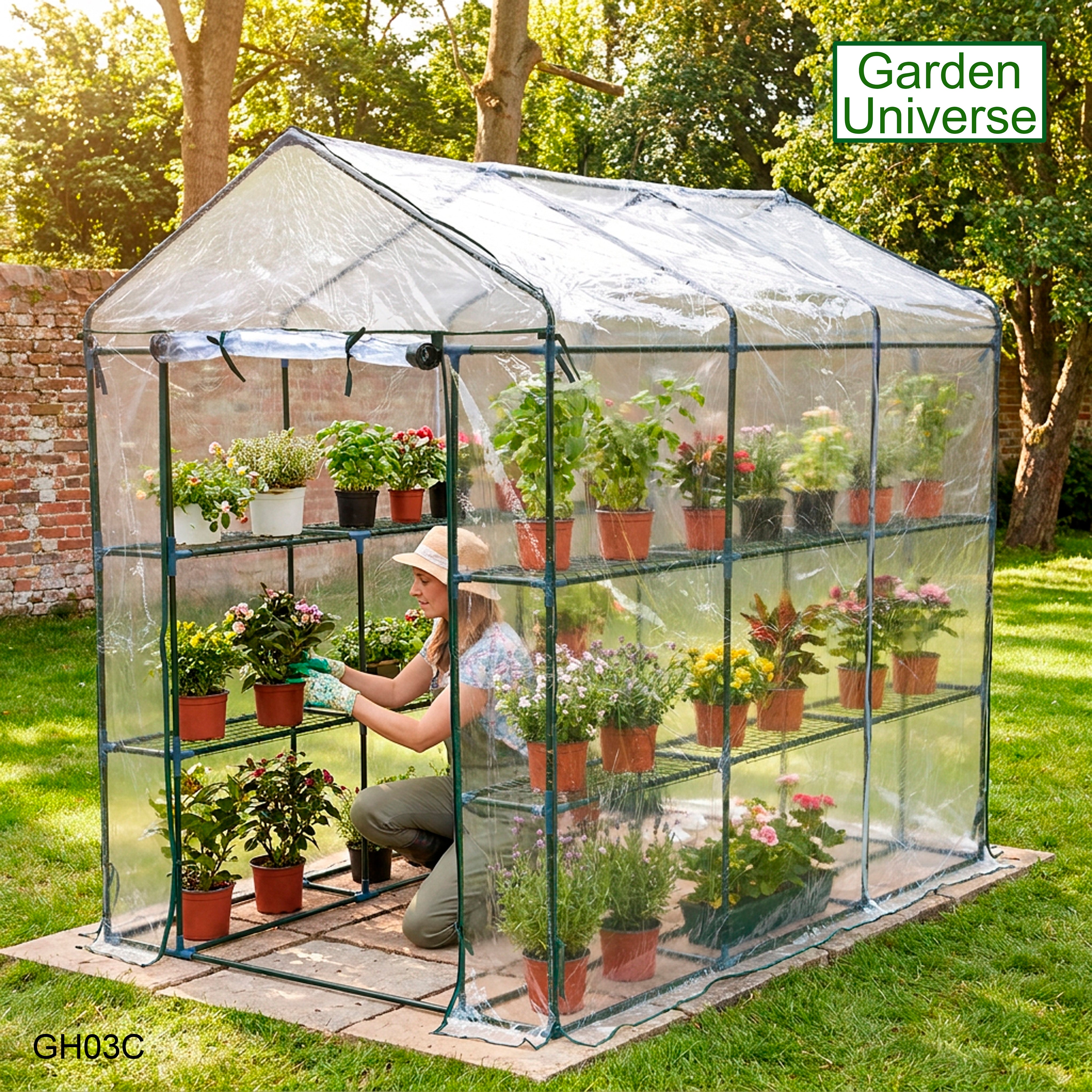 Greenhouse Walk-In Clear PVC Cover 12 Shelves 1.4m x 2.14m with Roll Up Door GH03C