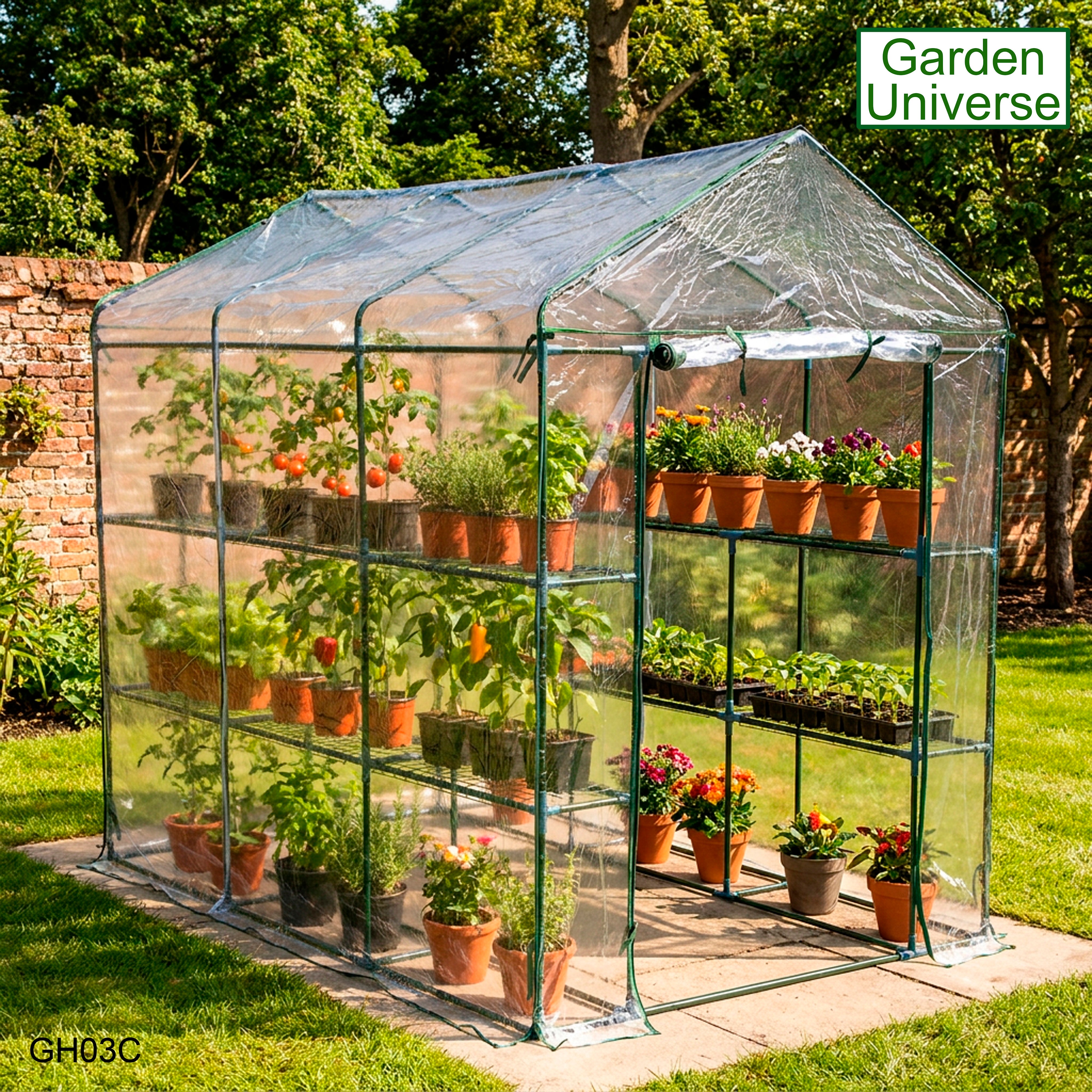 Greenhouse Walk-In Clear PVC Cover 12 Shelves 1.4m x 2.14m with Roll Up Door GH03C