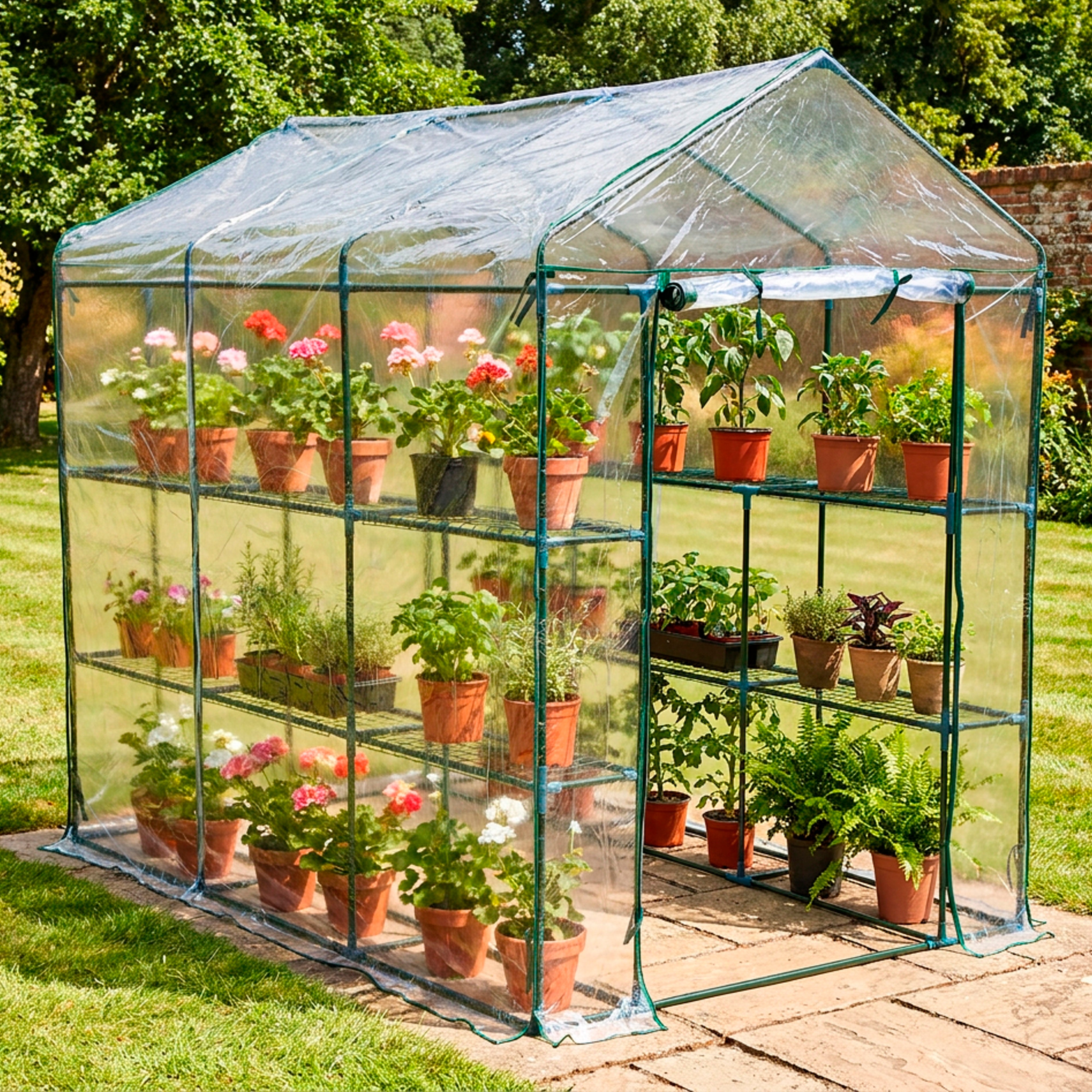 Greenhouse Walk-In Clear PVC Cover 12 Shelves 1.4m x 2.14m with Roll Up Door GH03C