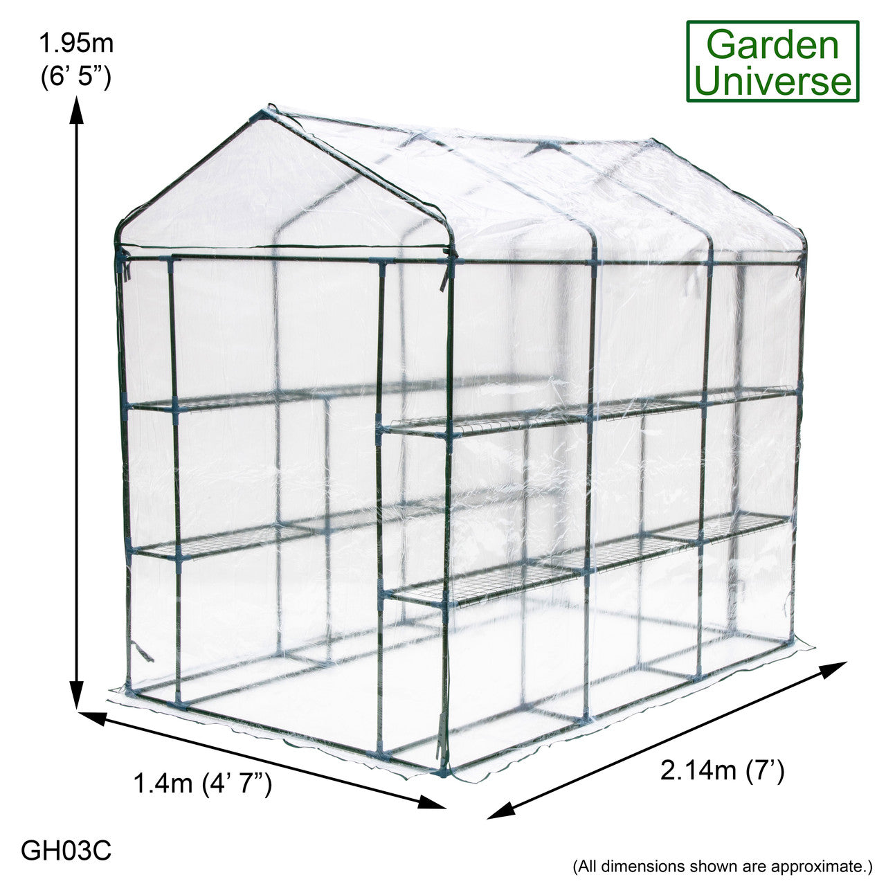 Greenhouse Walk-In Clear PVC Cover 12 Shelves 1.4m x 2.14m with Roll Up Door GH03C