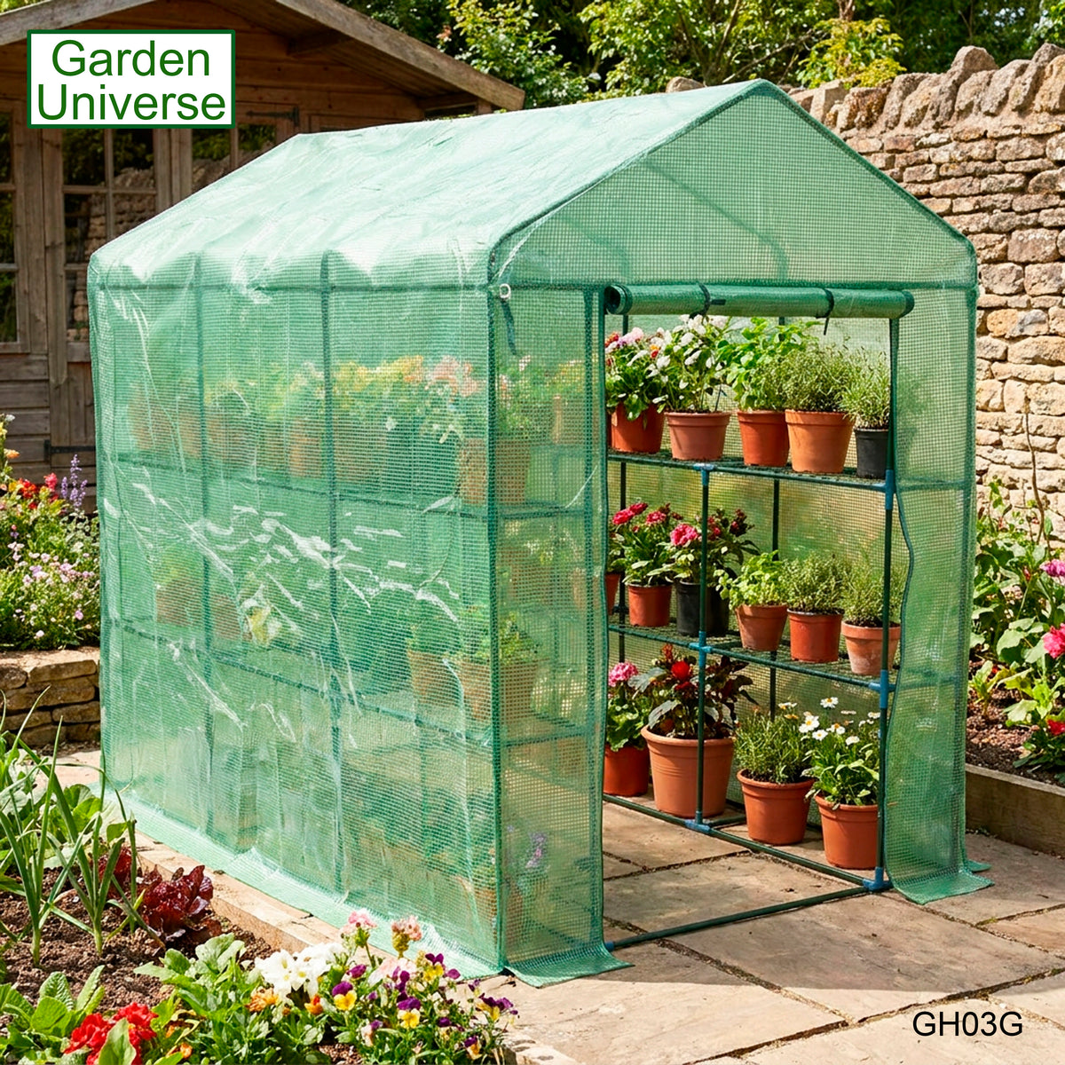 Greenhouse Walk-In Green PVC Cover 12 Shelves 1.4m x 2.14m with Roll Up Door GH03G