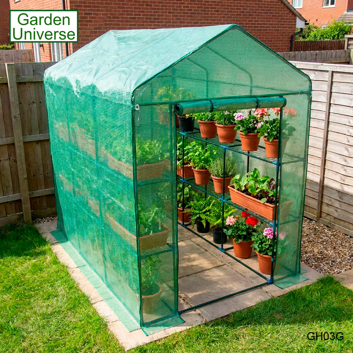 Greenhouse Walk-In Green PVC Cover 12 Shelves 1.4m x 2.14m with Roll Up Door GH03G