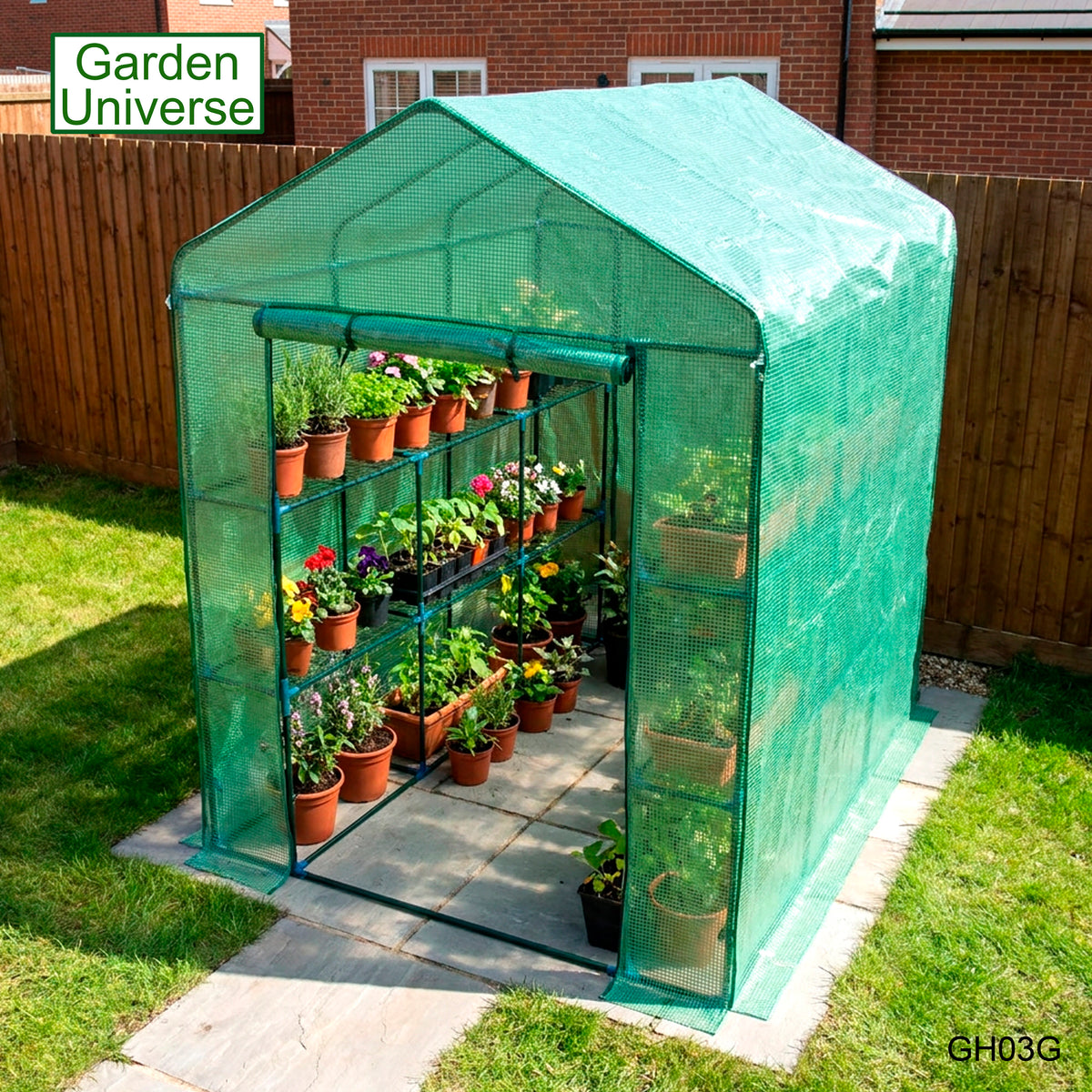 Greenhouse Walk-In Green PVC Cover 12 Shelves 1.4m x 2.14m with Roll Up Door GH03G