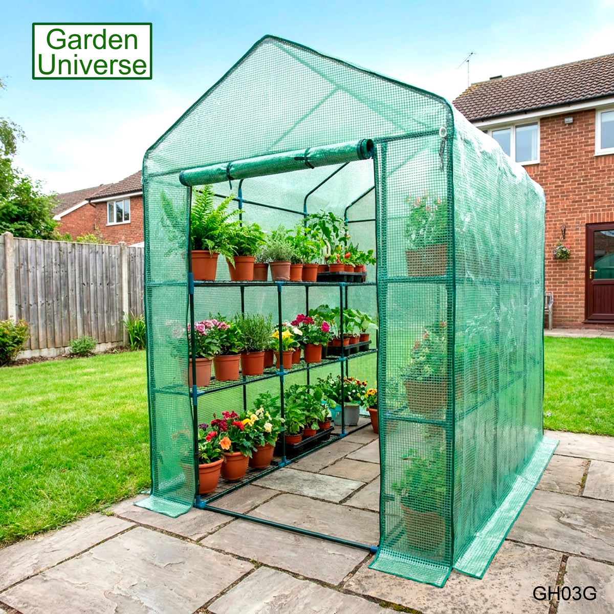 Greenhouse Walk-In Green PVC Cover 12 Shelves 1.4m x 2.14m with Roll Up Door GH03G