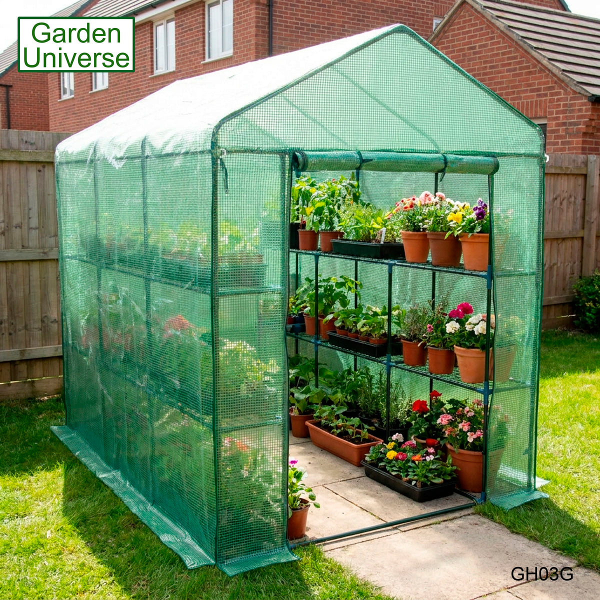Greenhouse Walk-In Green PVC Cover 12 Shelves 1.4m x 2.14m with Roll Up Door GH03G
