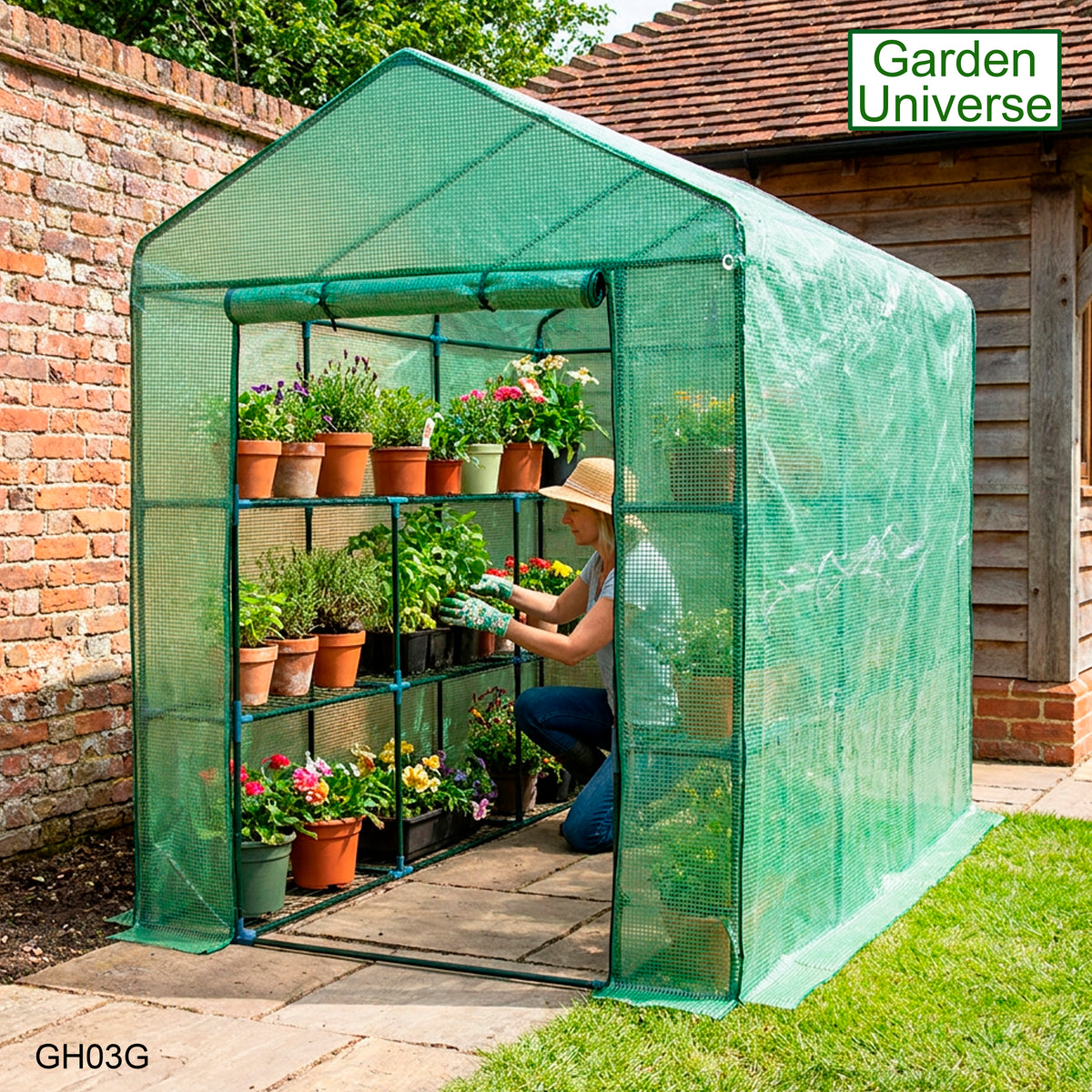 Greenhouse Walk-In Green PVC Cover 12 Shelves 1.4m x 2.14m with Roll Up Door GH03G
