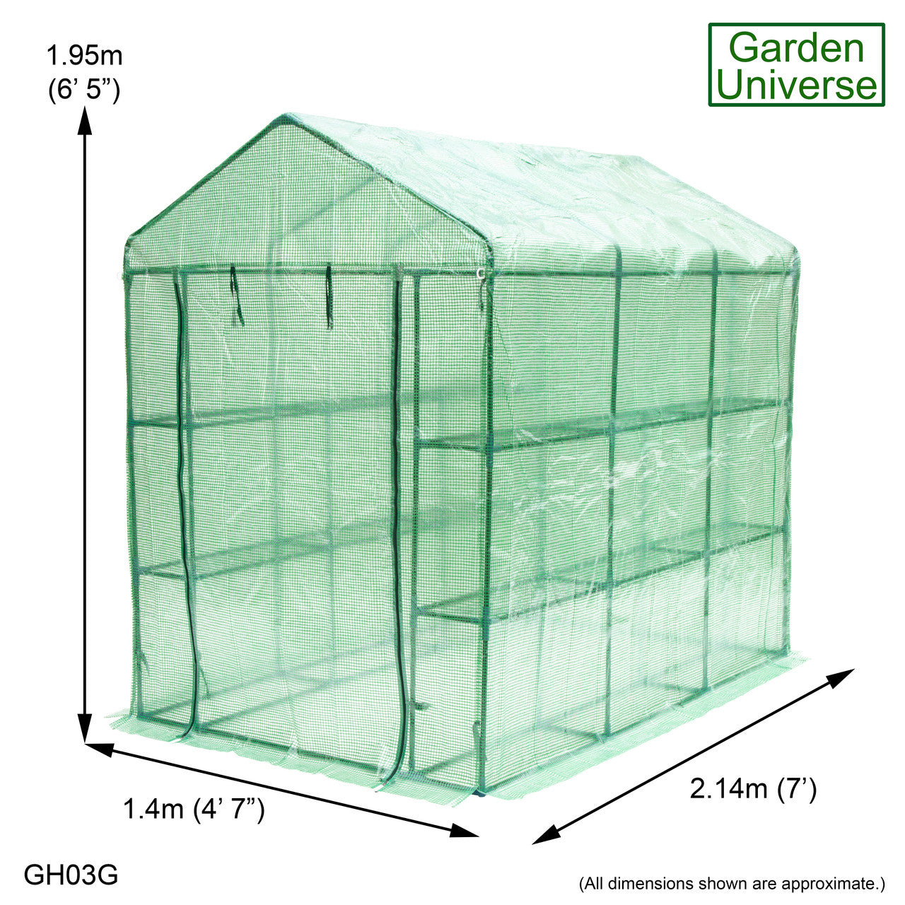 Greenhouse Walk-In Green PVC Cover 12 Shelves 1.4m x 2.14m with Roll Up Door GH03G