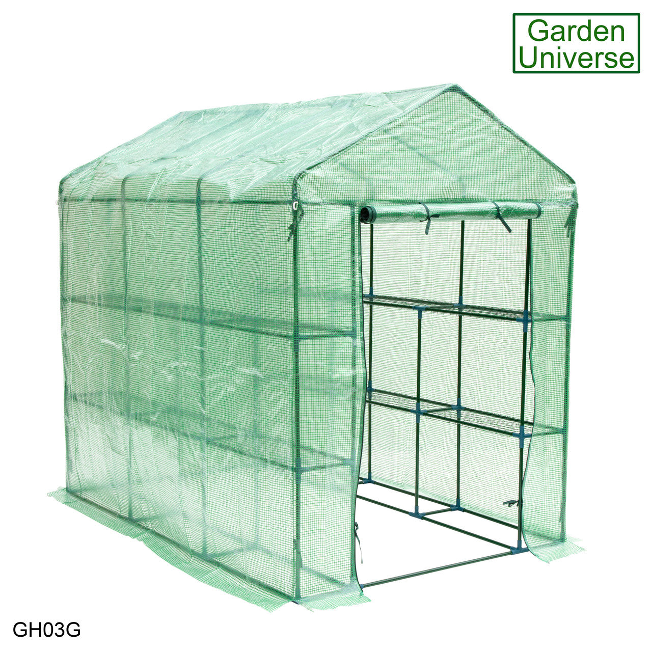 Greenhouse Walk-In Green PVC Cover 12 Shelves 1.4m x 2.14m with Roll Up Door GH03G