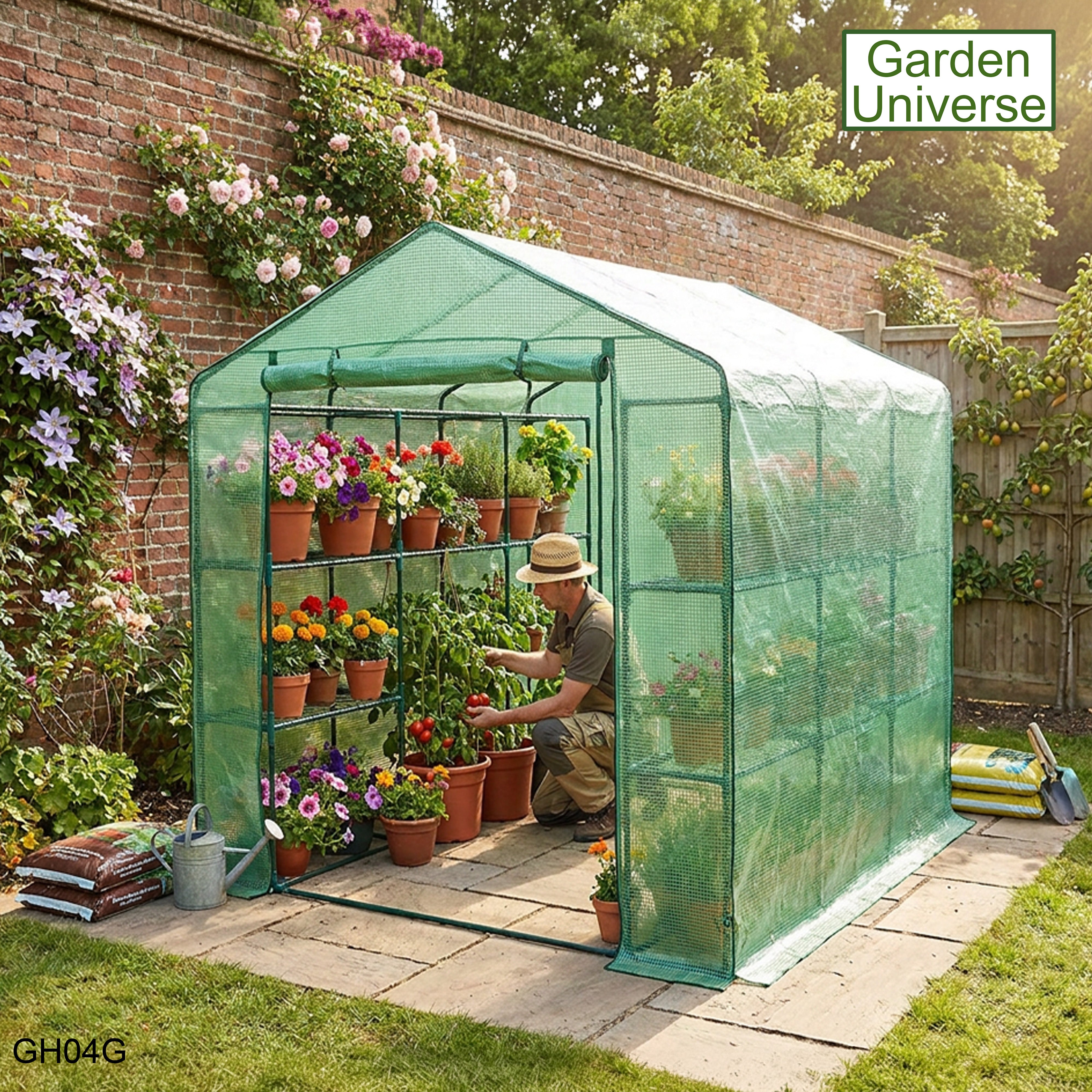 Greenhouse Walk-In Green PVC Cover 18 Shelves W 1.82m x D 2.44m with Roll Up Door GH04G