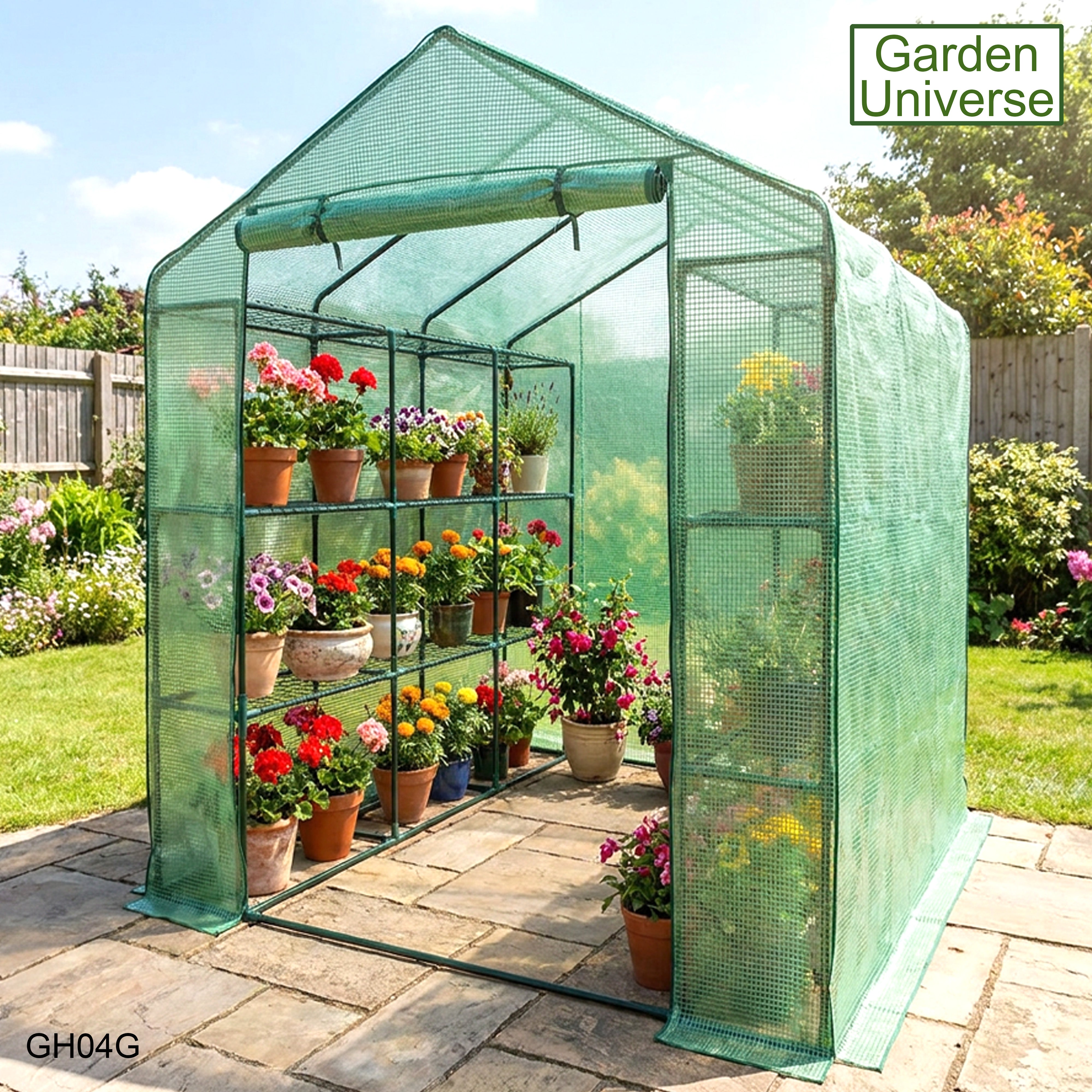 Greenhouse Walk-In Green PVC Cover 18 Shelves W 1.82m x D 2.44m with Roll Up Door GH04G