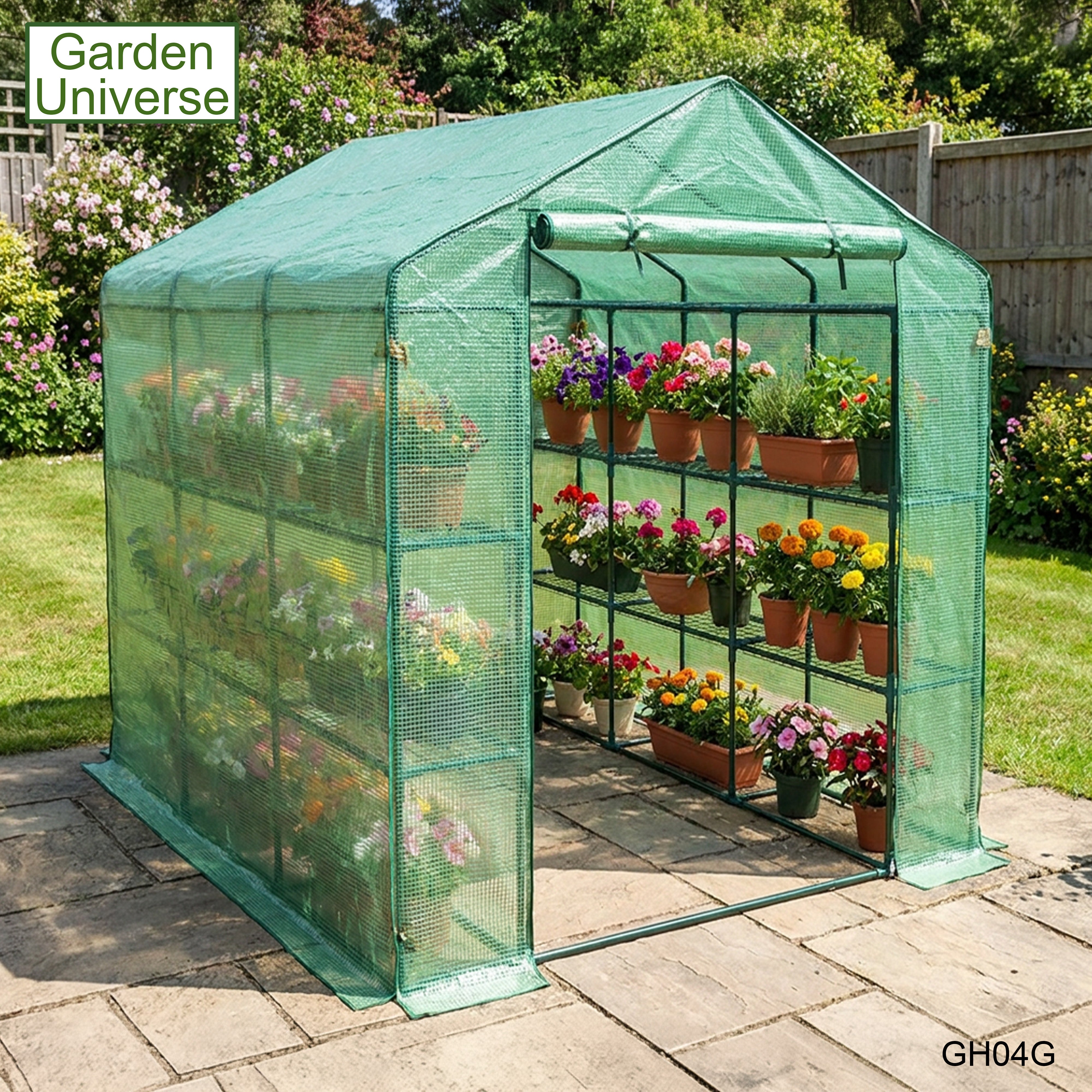 Greenhouse Walk-In Green PVC Cover 18 Shelves W 1.82m x D 2.44m with Roll Up Door GH04G