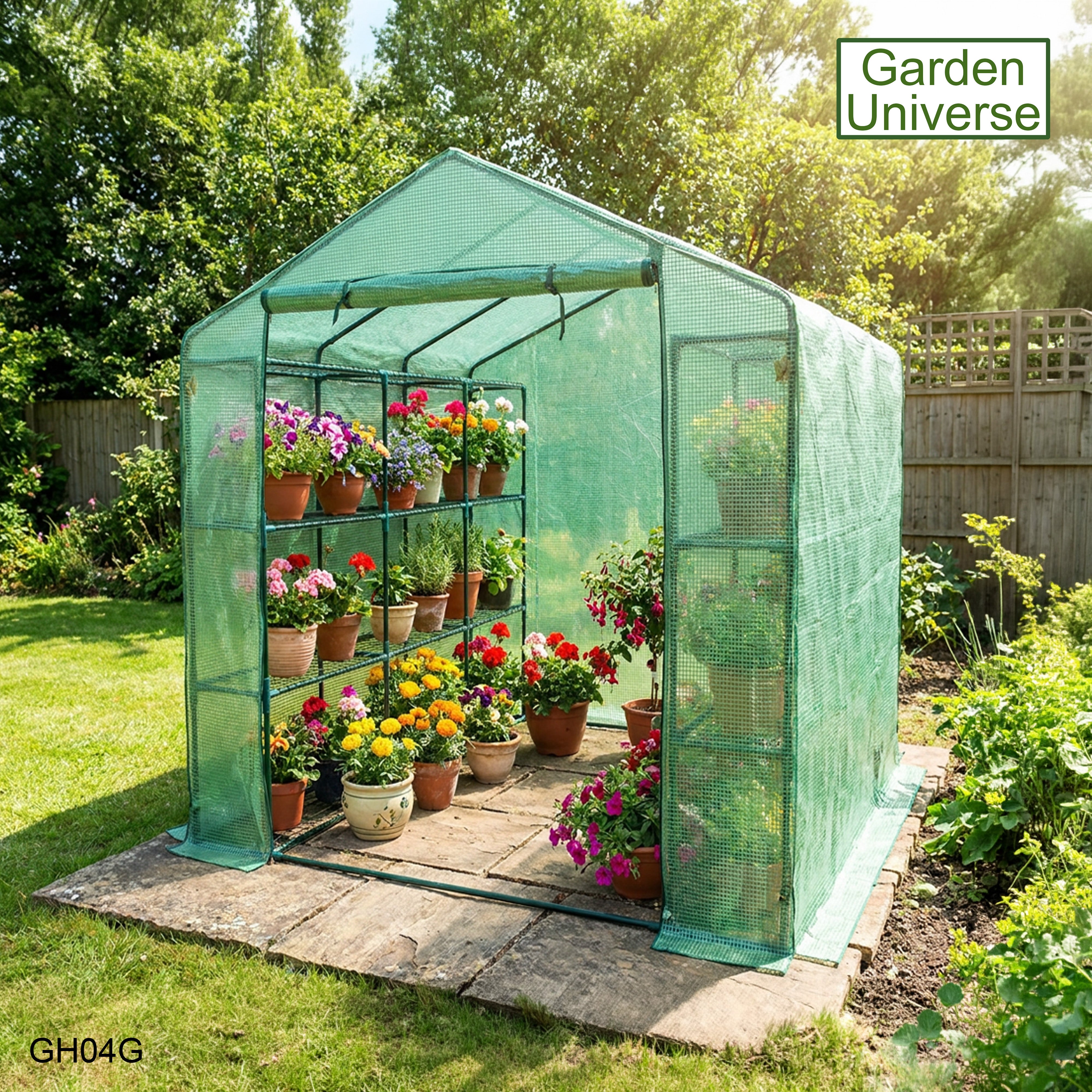 Greenhouse Walk-In Green PVC Cover 18 Shelves W 1.82m x D 2.44m with Roll Up Door GH04G