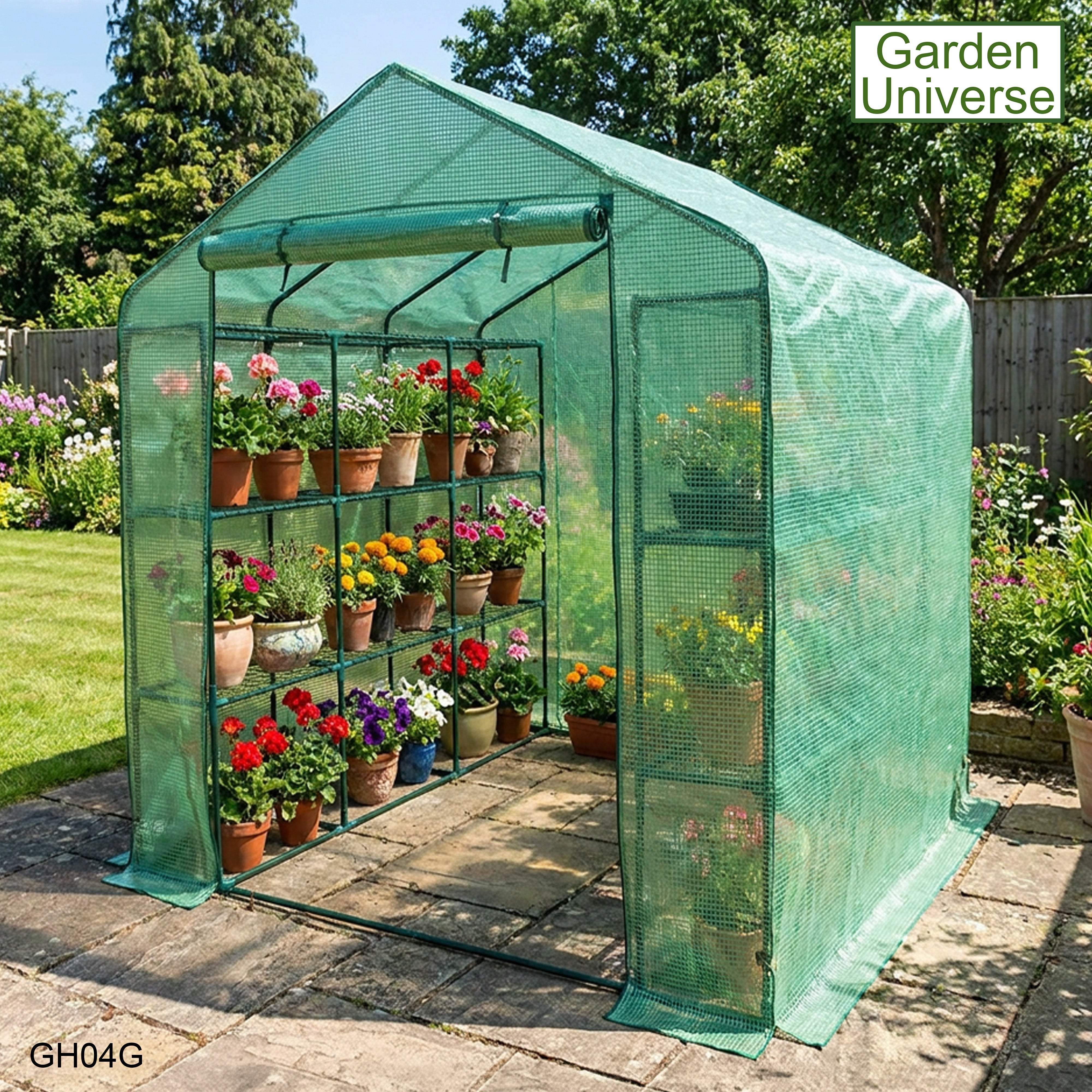 Greenhouse Walk-In Green PVC Cover 18 Shelves W 1.82m x D 2.44m with Roll Up Door GH04G