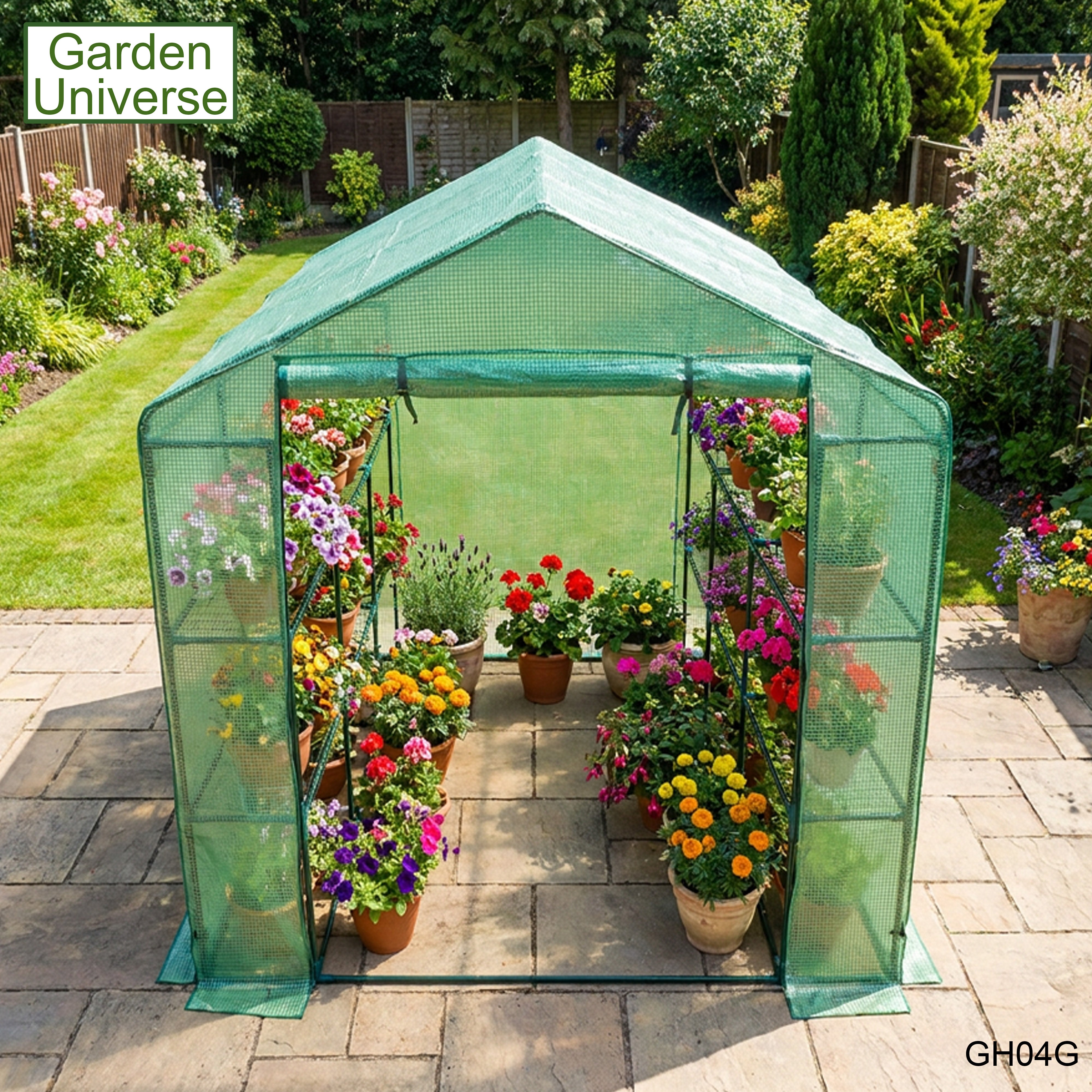 Greenhouse Walk-In Green PVC Cover 18 Shelves W 1.82m x D 2.44m with Roll Up Door GH04G