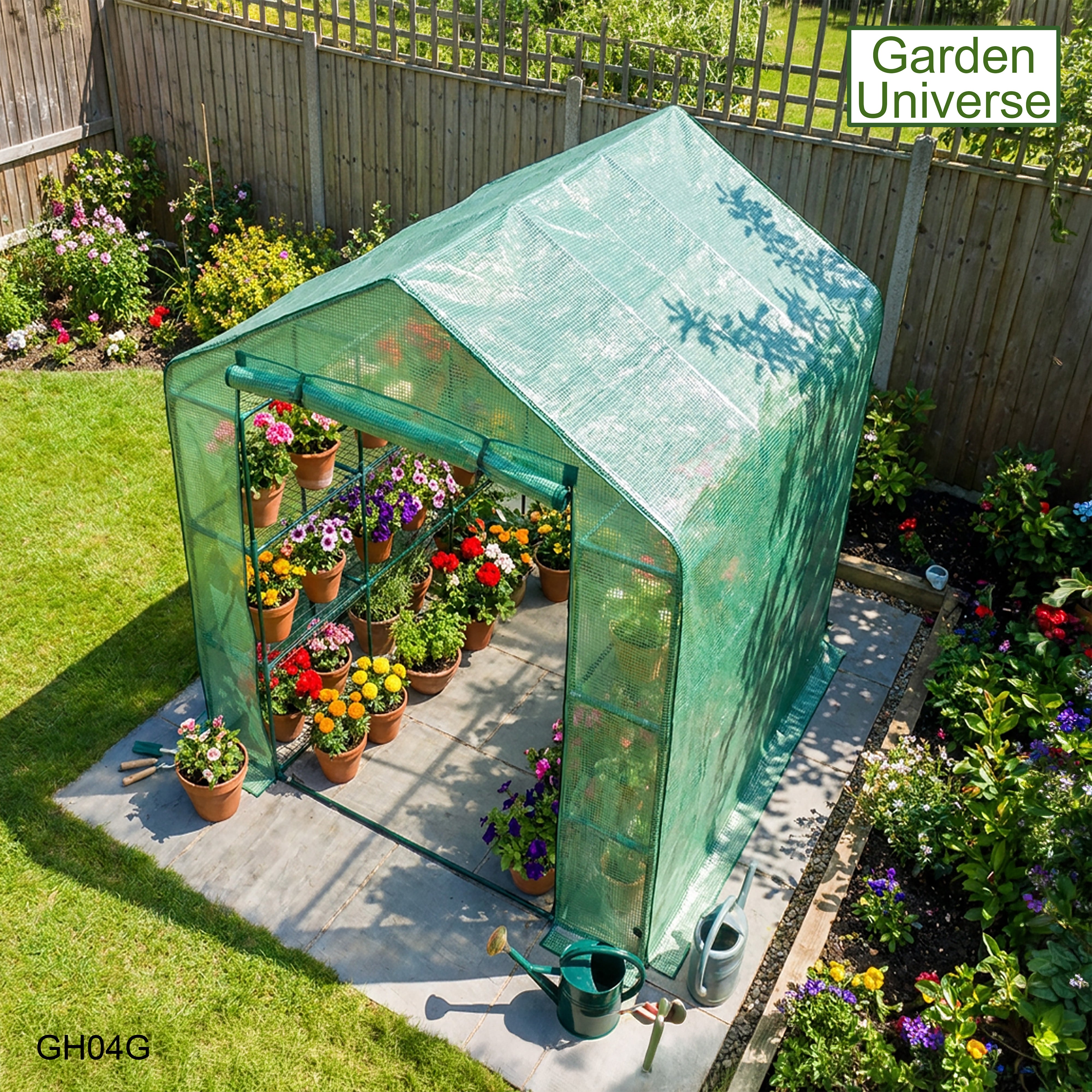 Greenhouse Walk-In Green PVC Cover 18 Shelves W 1.82m x D 2.44m with Roll Up Door GH04G