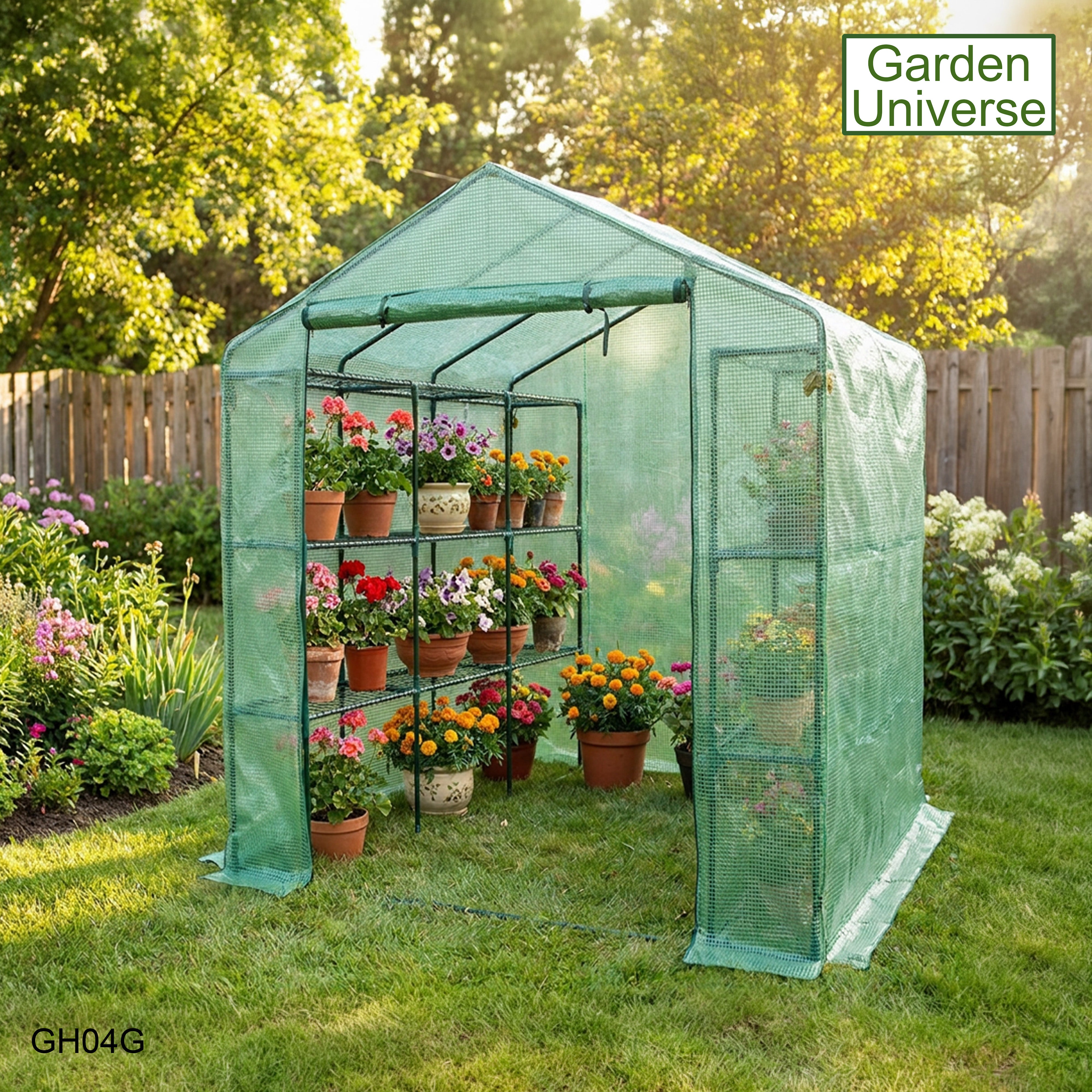 Greenhouse Walk-In Green PVC Cover 18 Shelves W 1.82m x D 2.44m with Roll Up Door GH04G