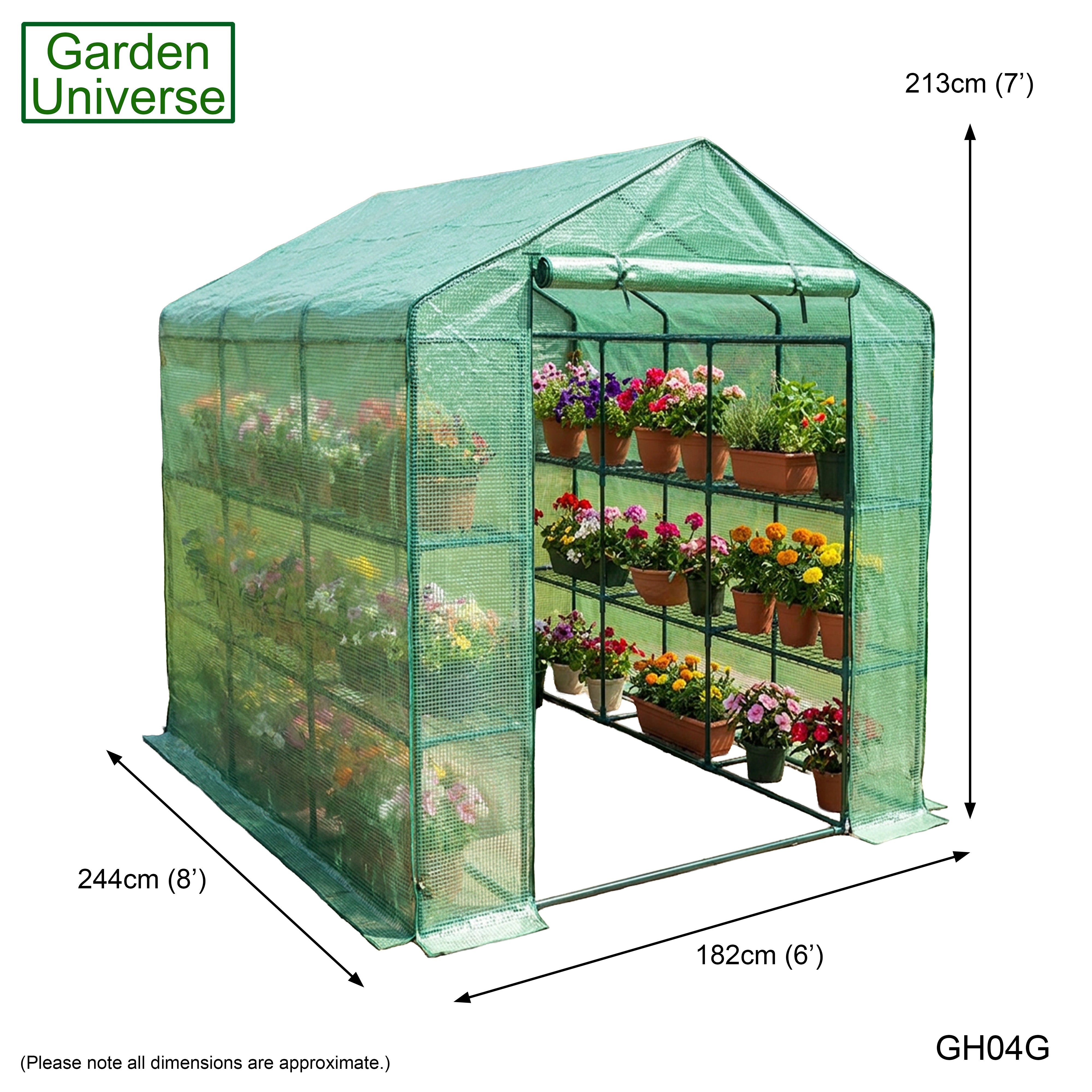 Greenhouse Walk-In Green PVC Cover 18 Shelves W 1.82m x D 2.44m with Roll Up Door GH04G
