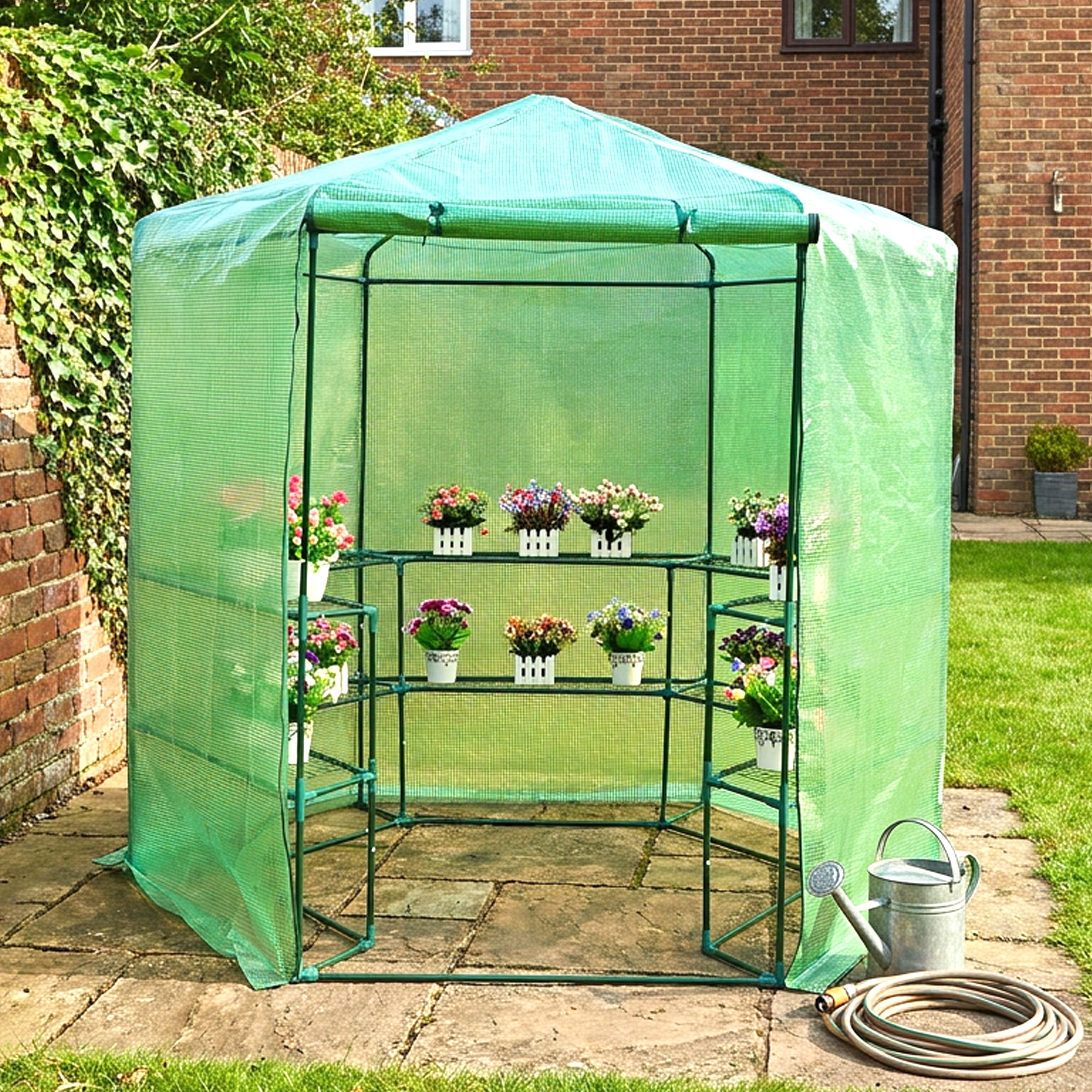 Greenhouse Walk-In Green PVC Cover 10 Shelves W 1.94m x H 2.25m with Roll Up Door GH05G