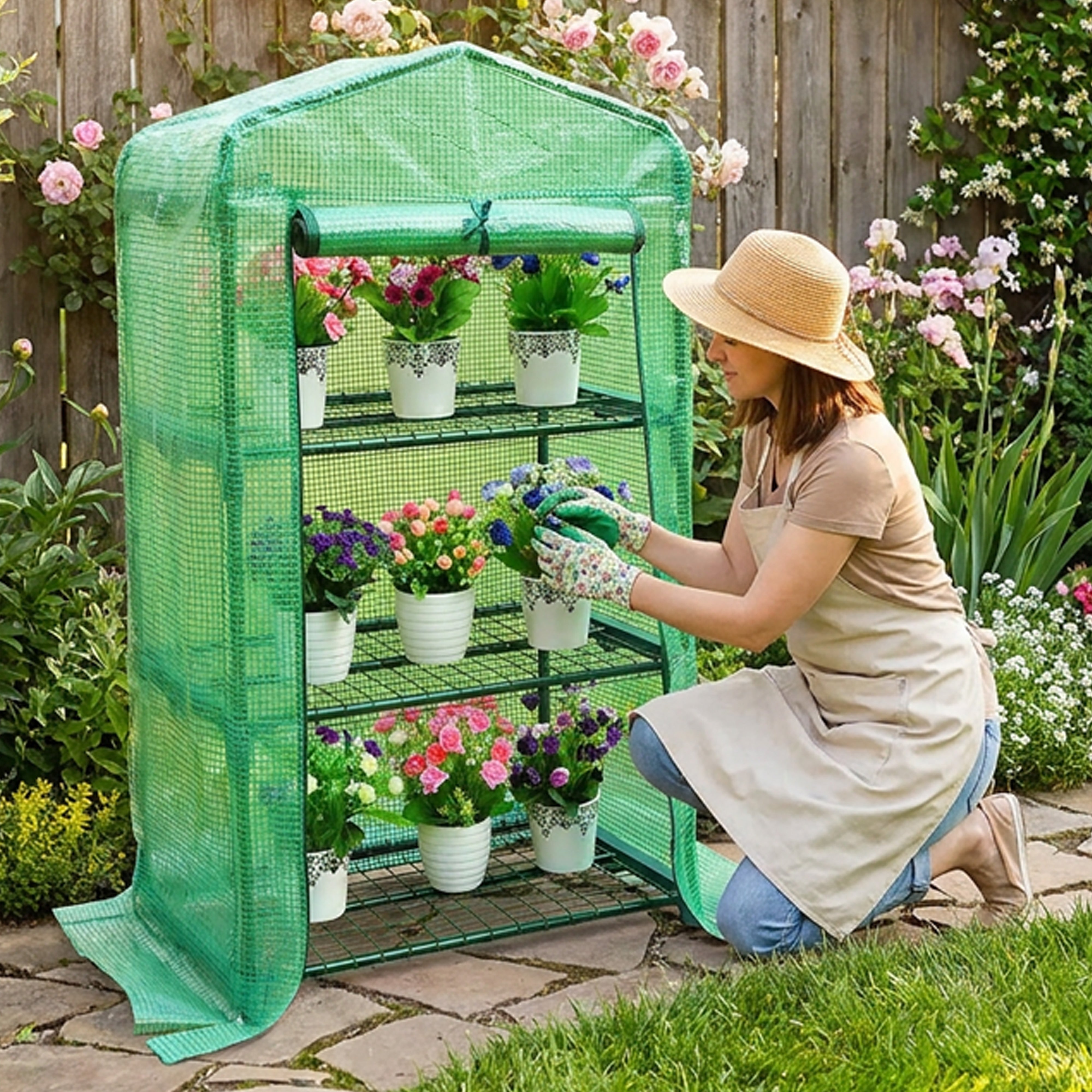 Greenhouse Mini Green PVC Cover Growhouse 3 Shelves W 0.69 x D 0.49 x H 1.27m with Roll Up Door GH06G