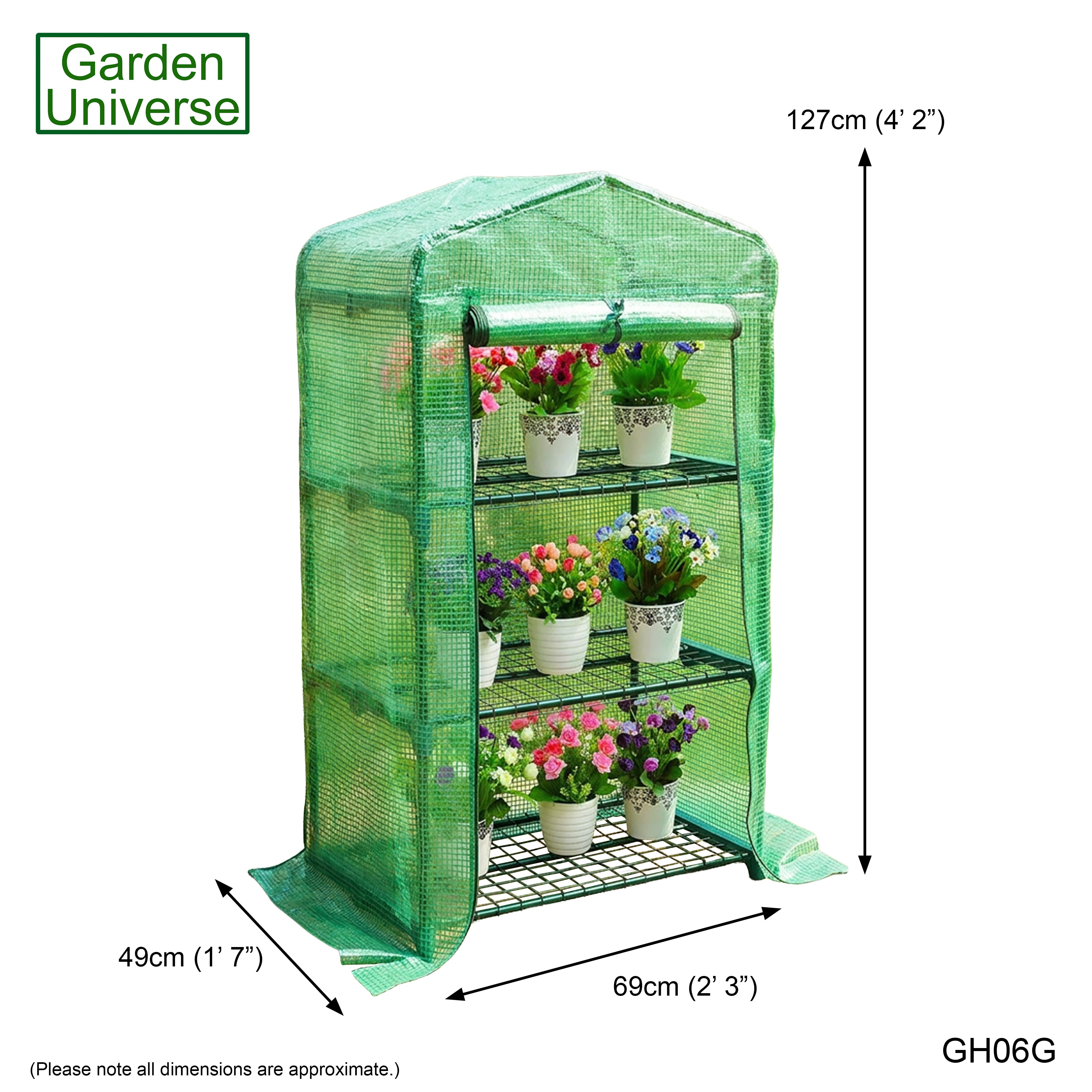 Greenhouse Mini Green PVC Cover Growhouse 3 Shelves W 0.69 x D 0.49 x H 1.27m with Roll Up Door GH06G