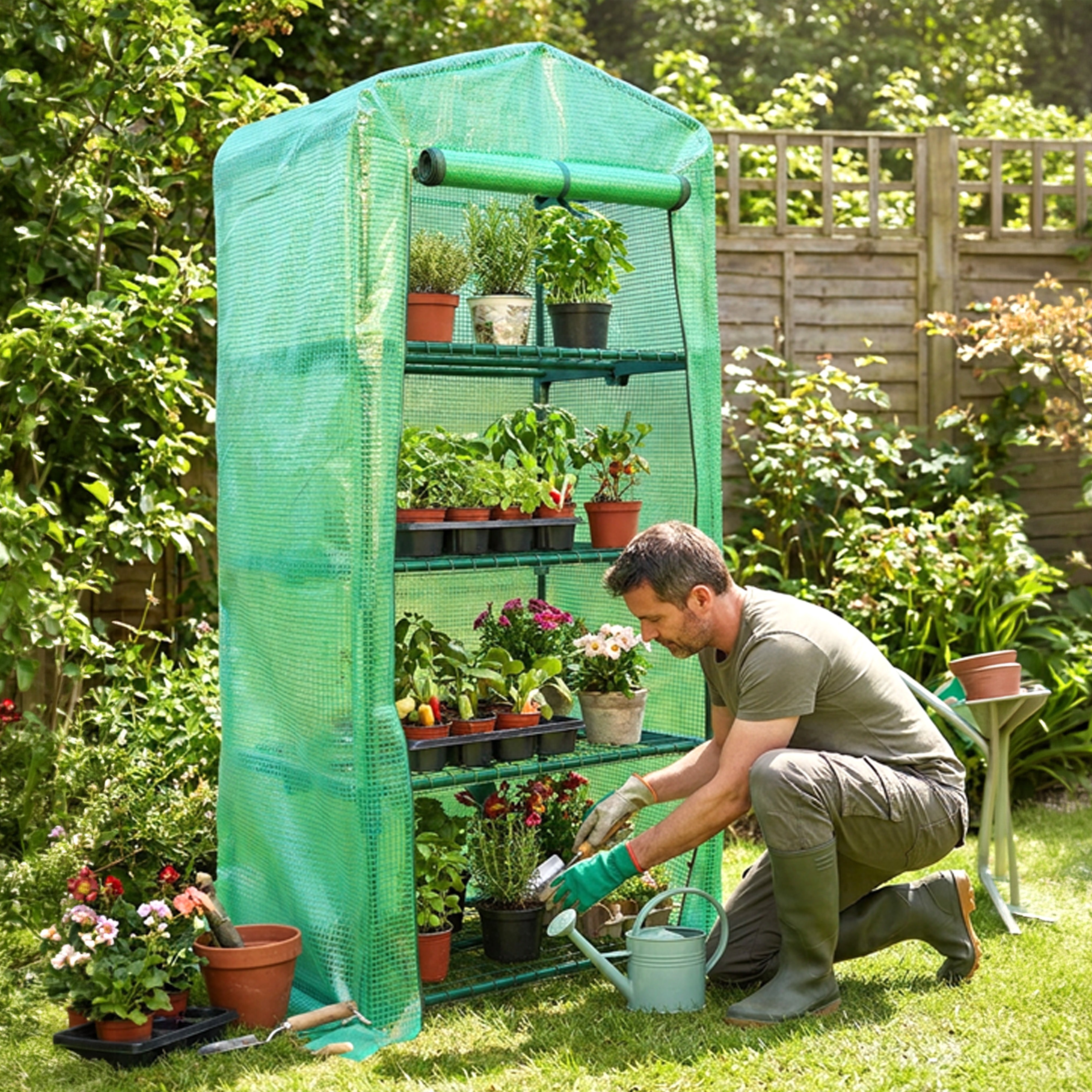 Greenhouse Mini Green PVC Cover Growhouse 4 Shelves W 0.69 x D 0.49 x H 1.6m with Roll Up Door GH07G