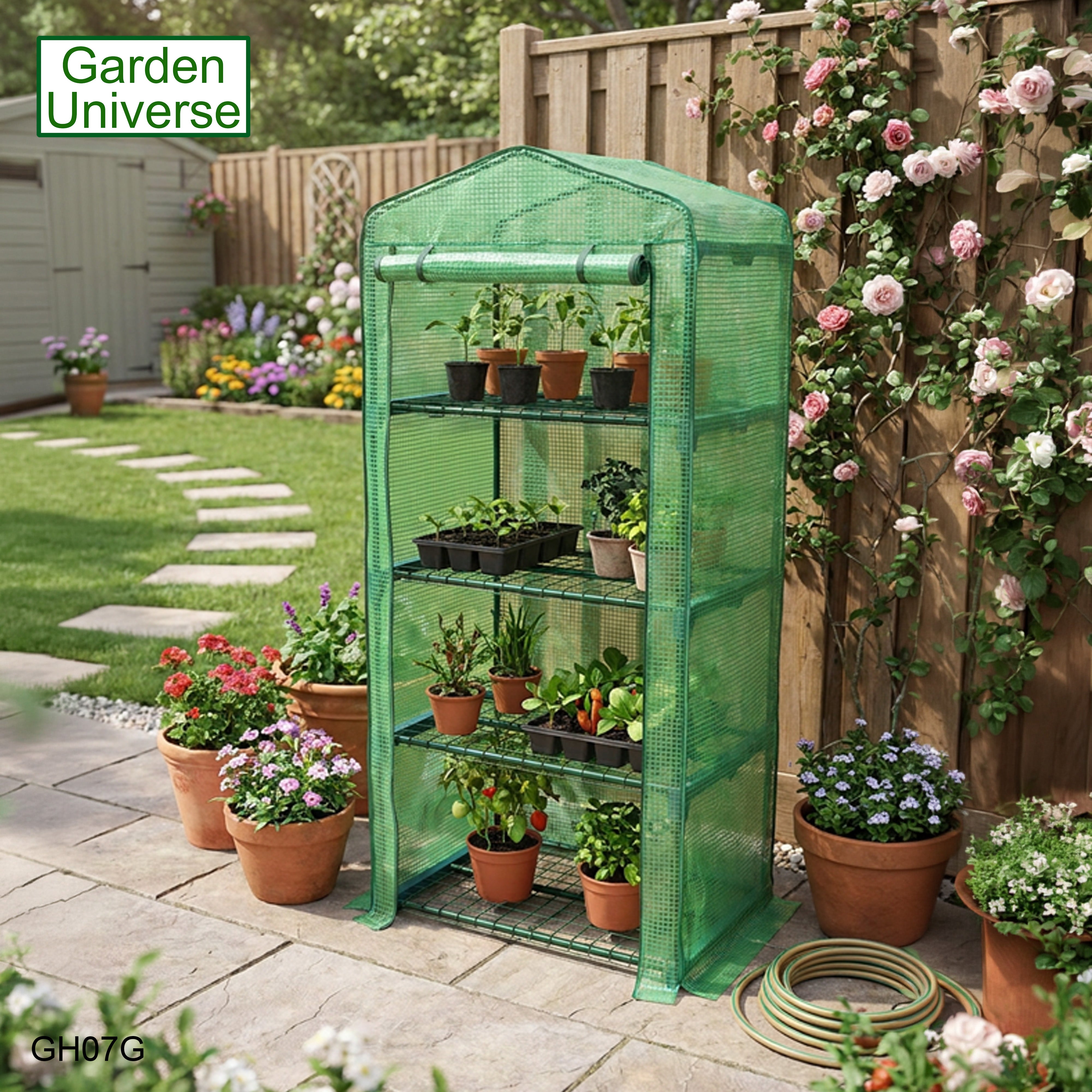 Greenhouse Mini Green PVC Cover Growhouse 4 Shelves W 0.69 x D 0.49 x H 1.6m with Roll Up Door GH07G