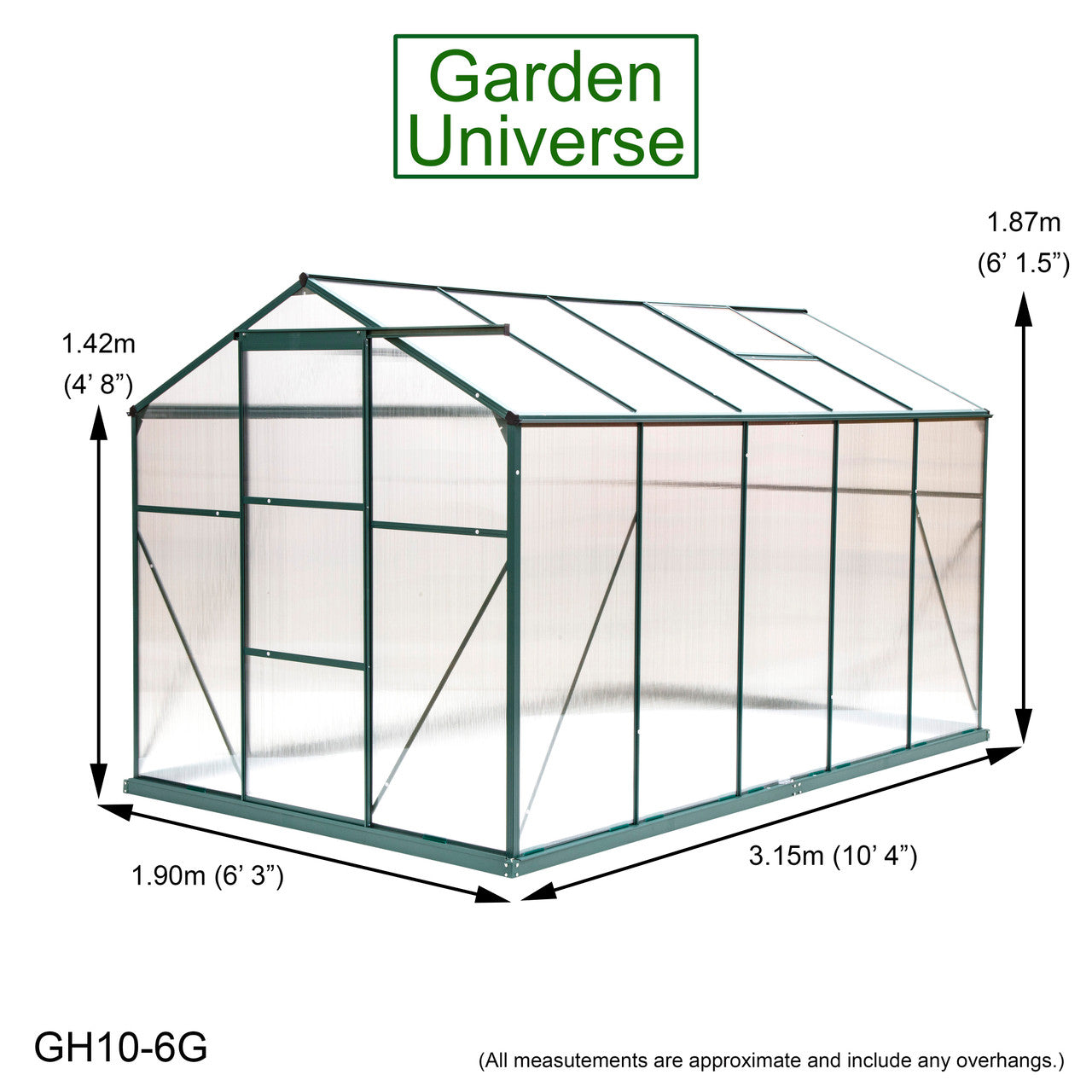 Greenhouse 6' x 10' Green Aluminium Frame Polycarbonate Panels and Free Base