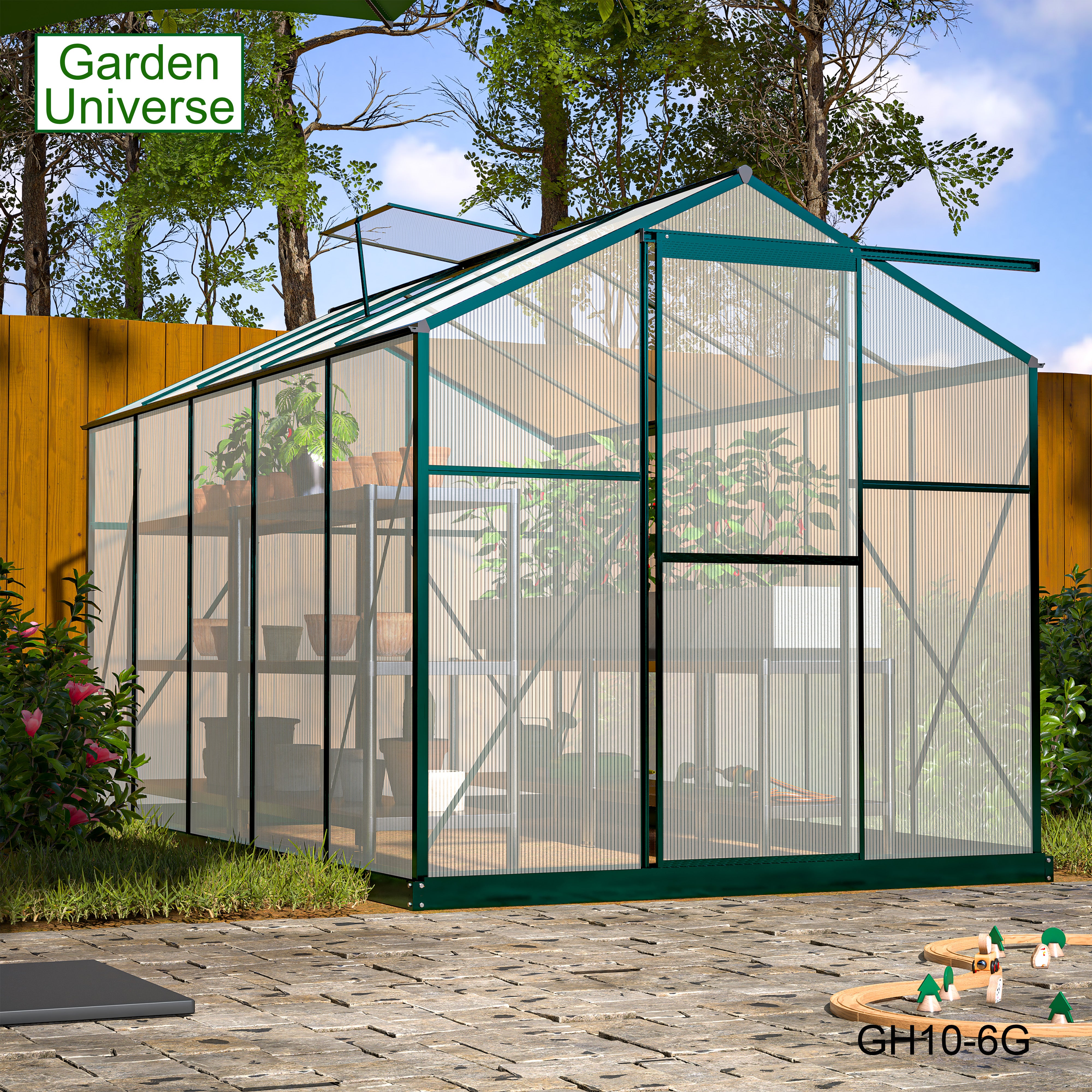 Greenhouse 6' x 10' Green Aluminium Frame Polycarbonate Panels and Free Base