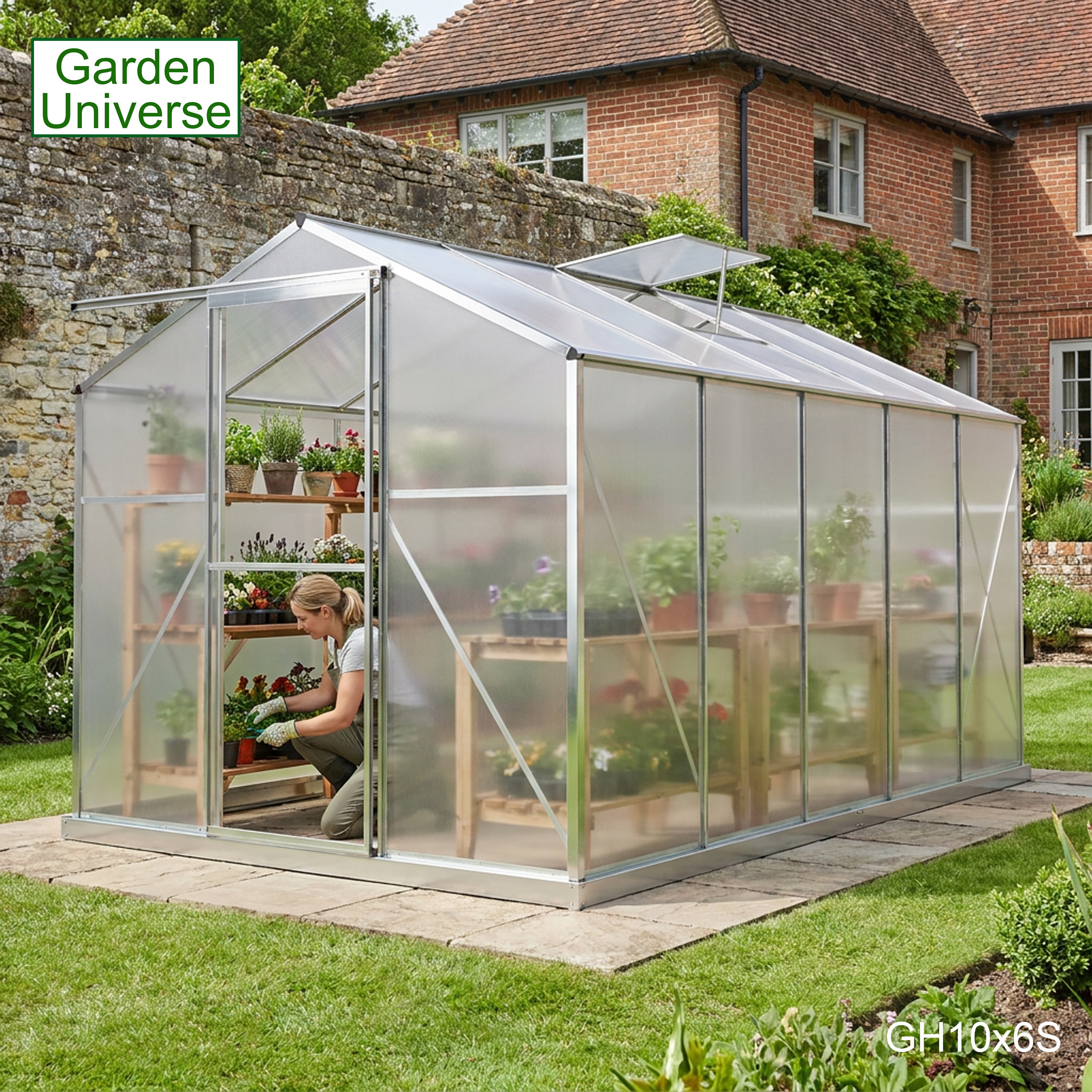 Greenhouse 6' x 10' Silver Aluminium Frame Polycarbonate Panels and Free Base