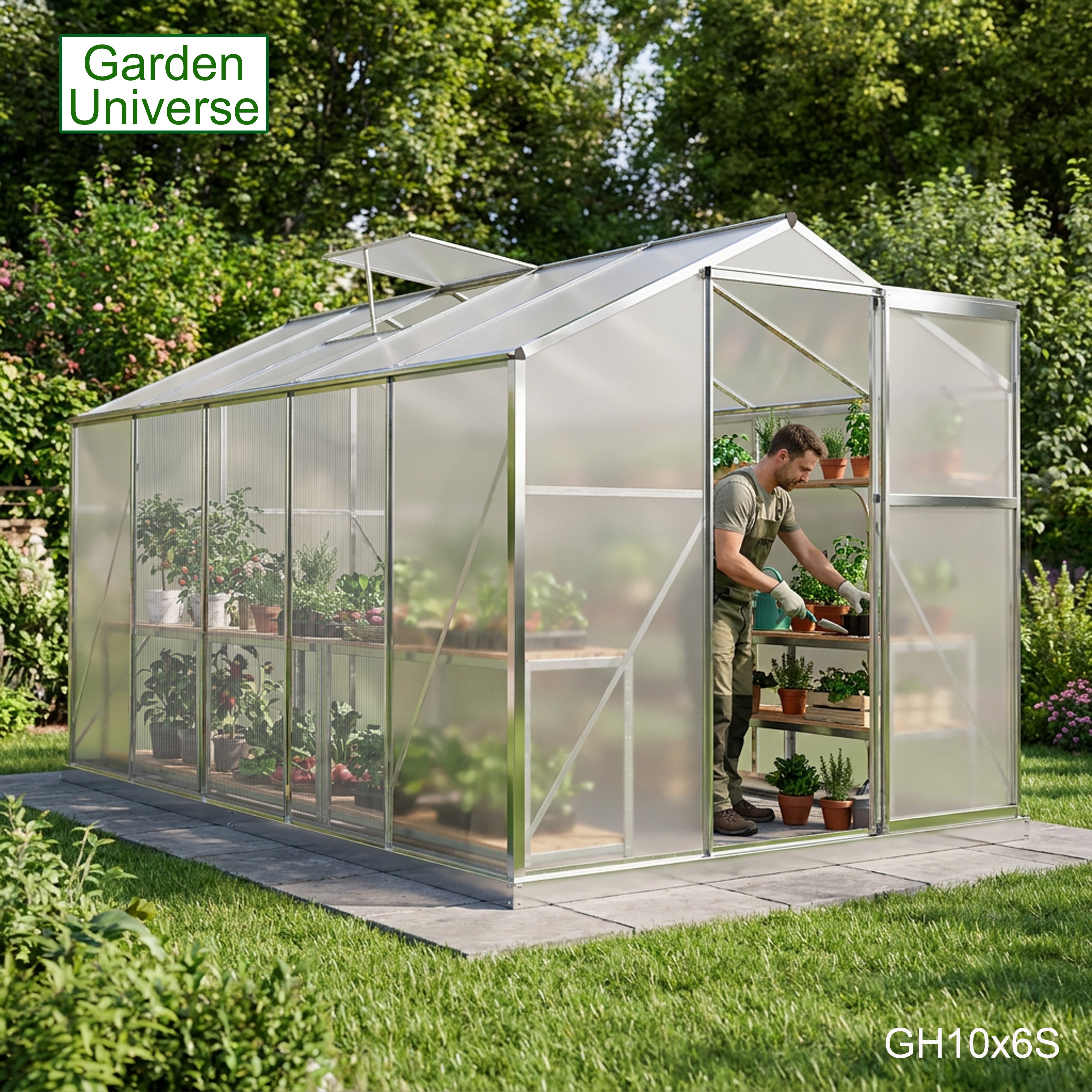 Greenhouse 6' x 10' Silver Aluminium Frame Polycarbonate Panels and Free Base