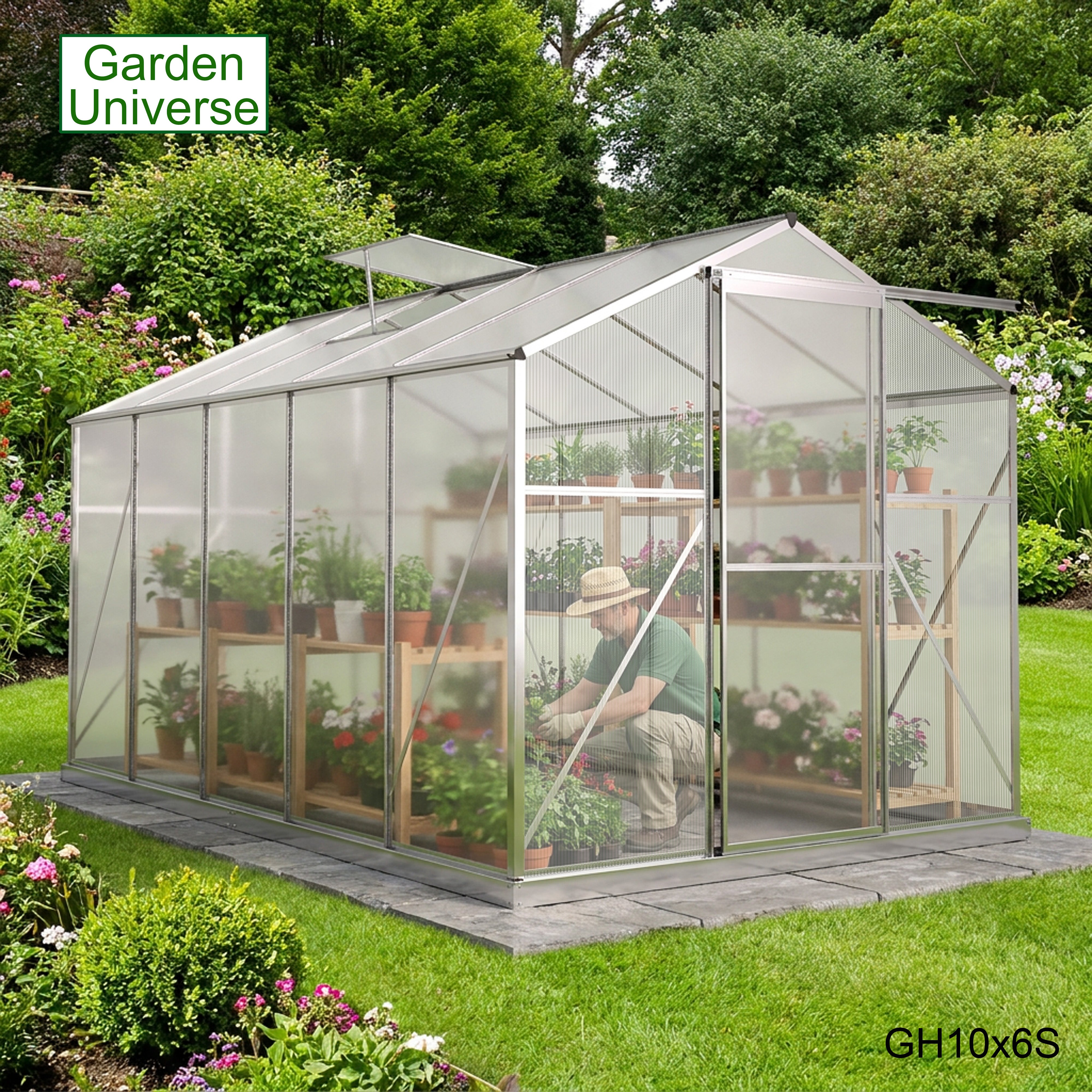 Greenhouse 6' x 10' Silver Aluminium Frame Polycarbonate Panels and Free Base