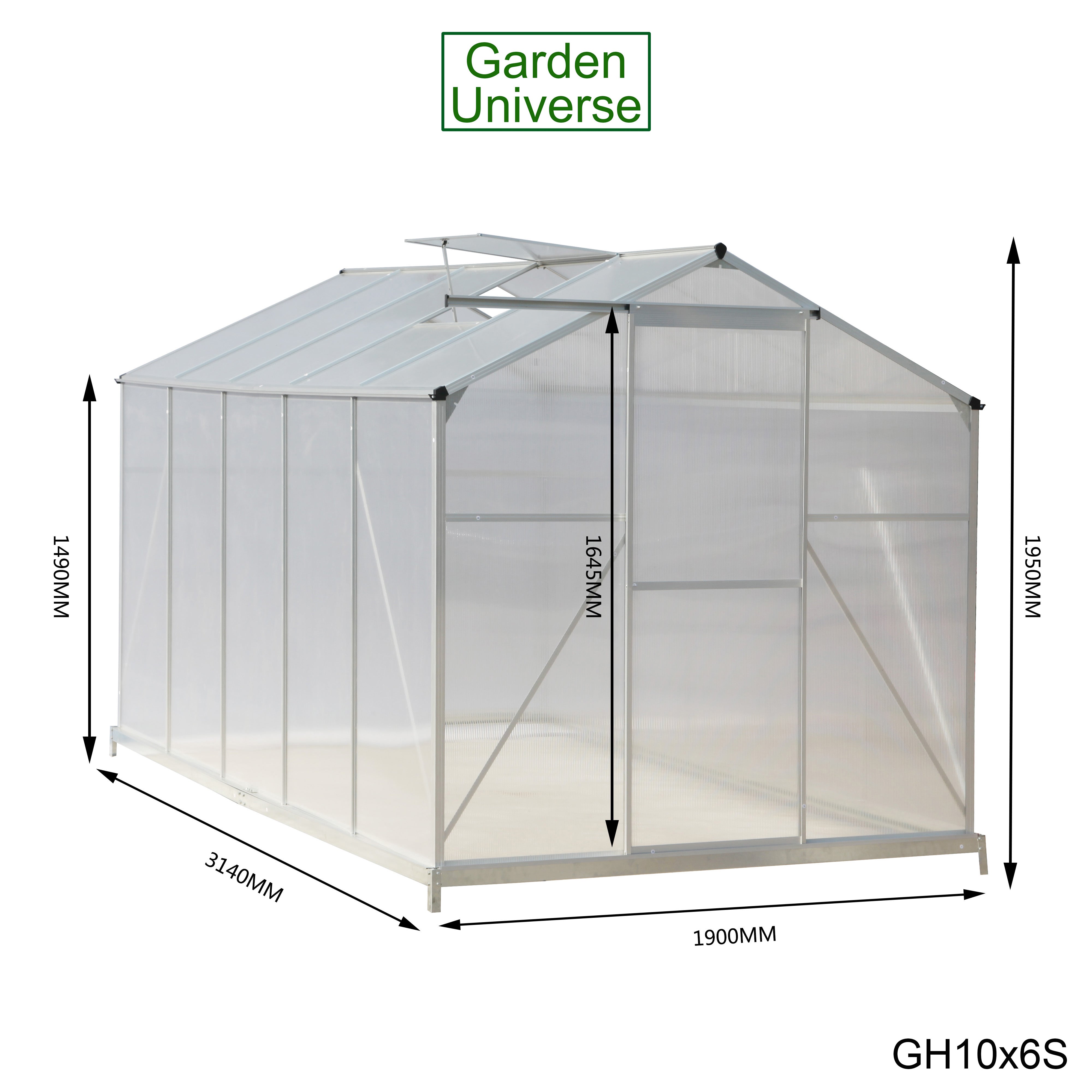 Greenhouse 6' x 10' Silver Aluminium Frame Polycarbonate Panels and Free Base