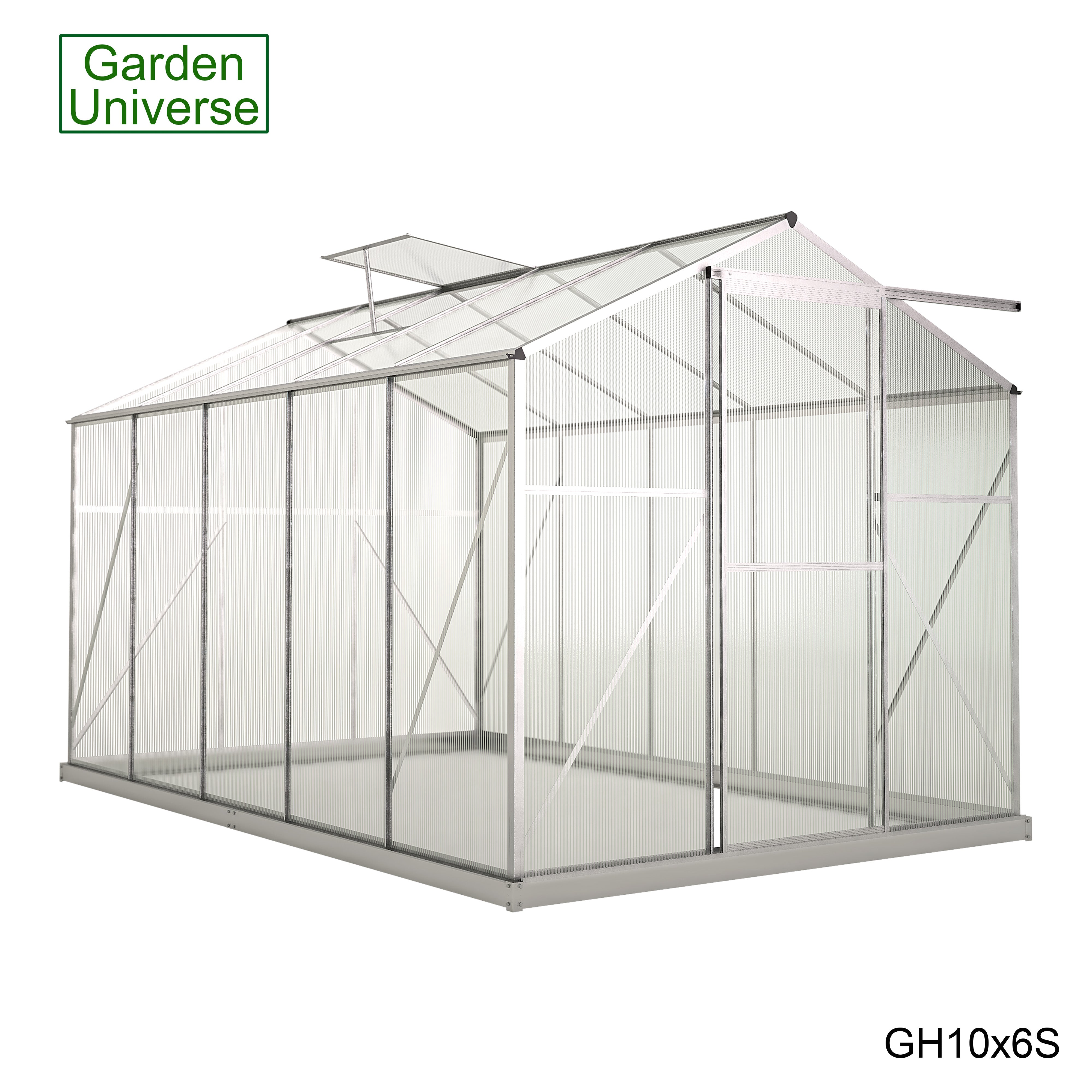 Greenhouse 6' x 10' Silver Aluminium Frame Polycarbonate Panels and Free Base