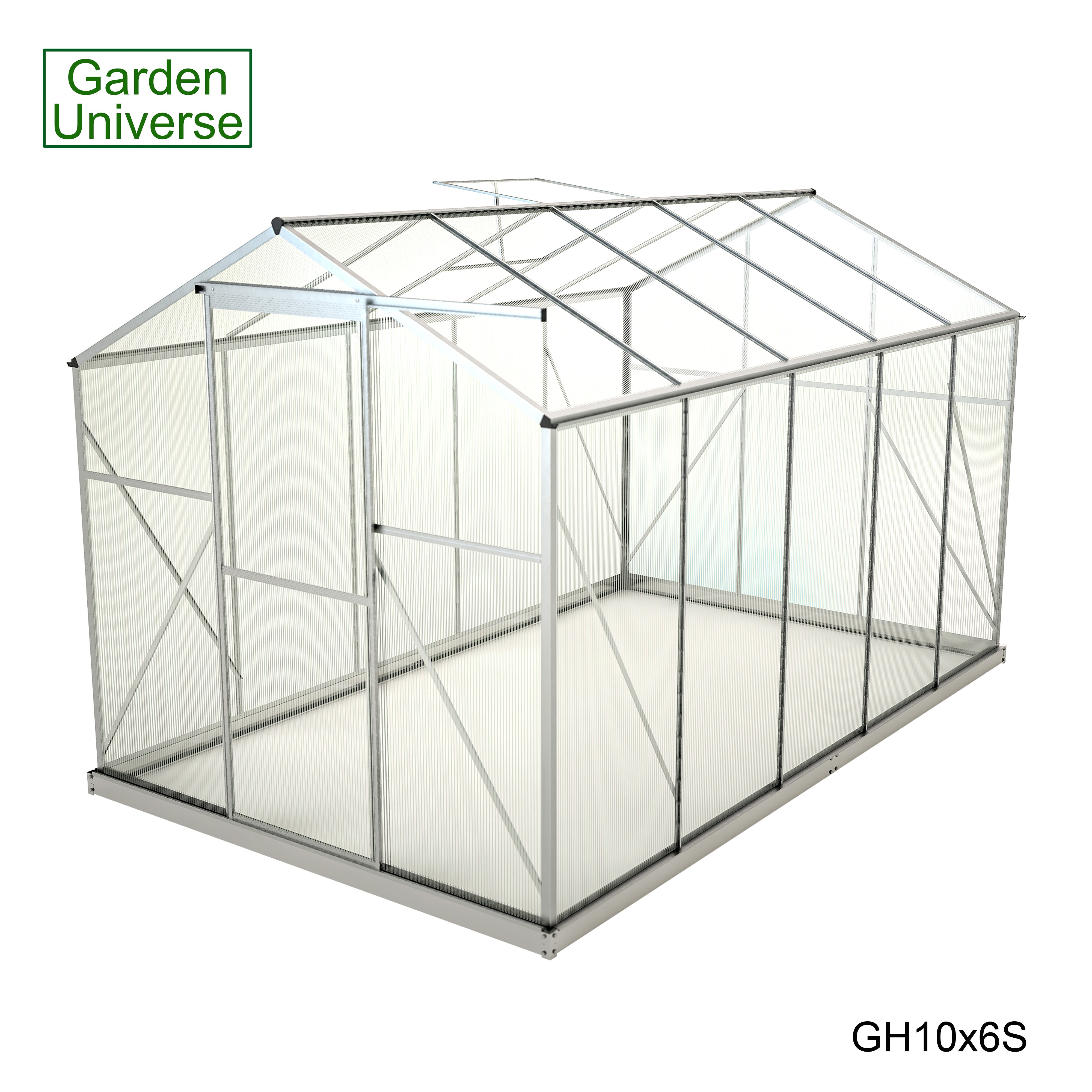 Greenhouse 6' x 10' Silver Aluminium Frame Polycarbonate Panels and Free Base