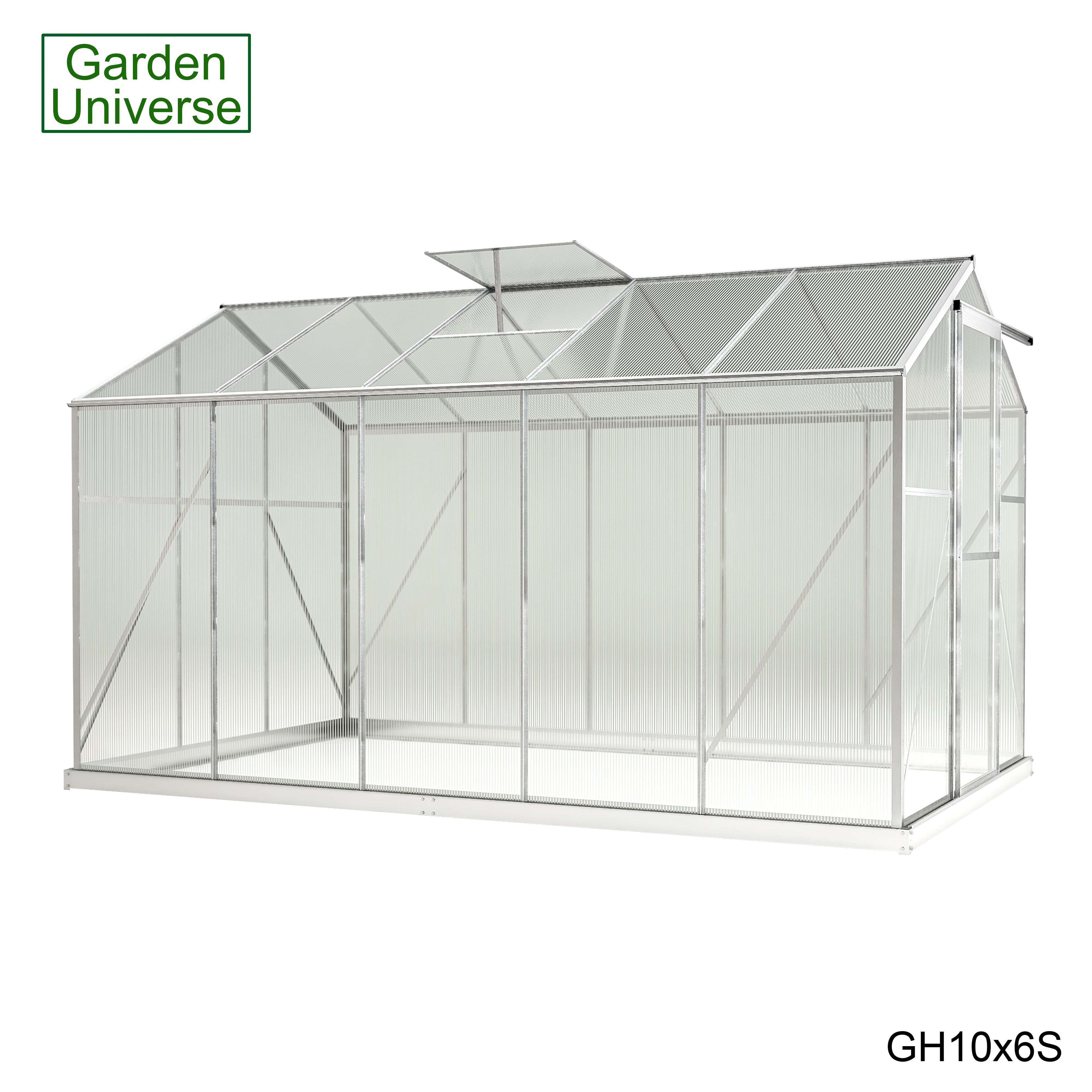 Greenhouse 6' x 10' Silver Aluminium Frame Polycarbonate Panels and Free Base